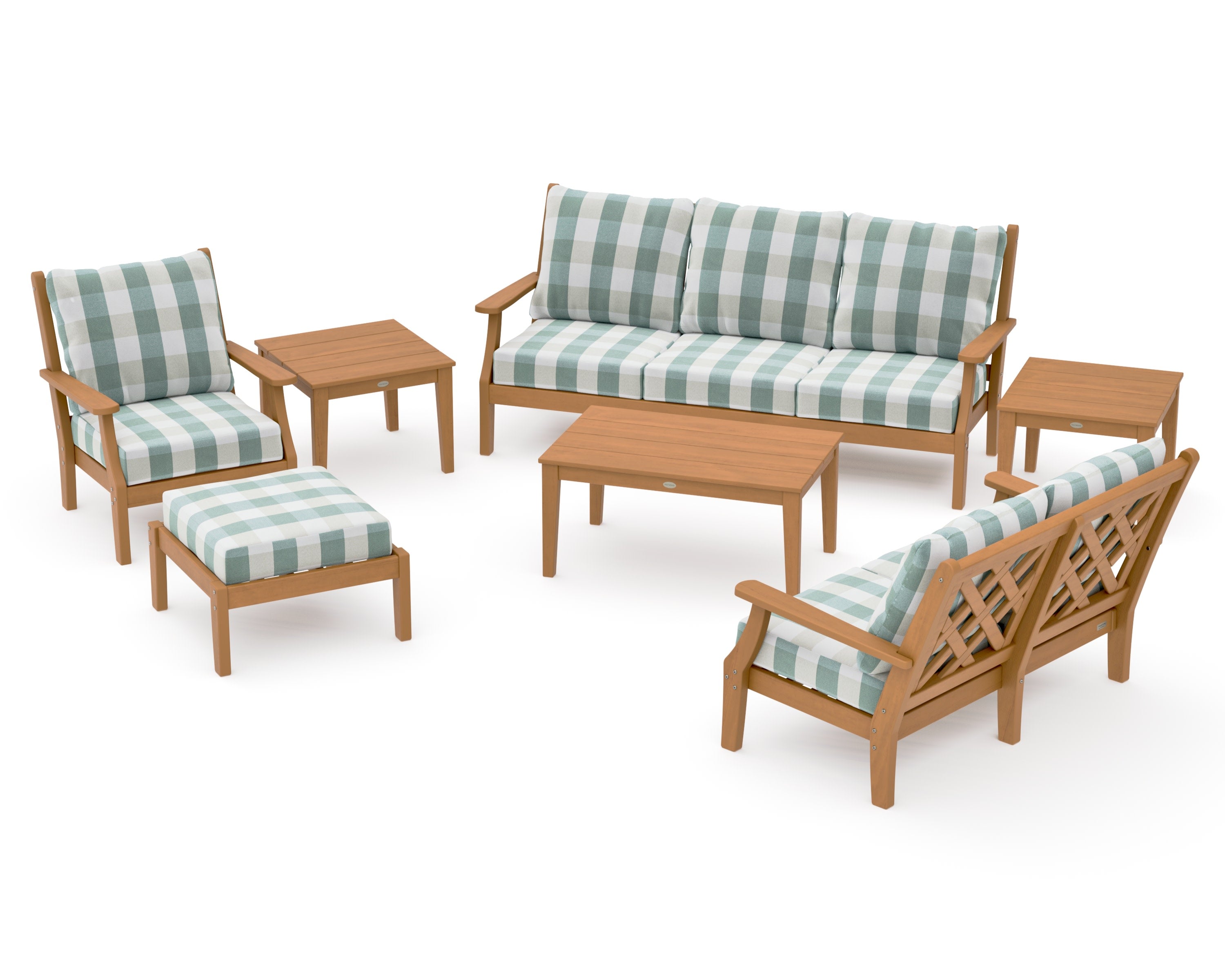 Wovendale 7-Piece Deep Seating Set in Natural / Buffalo Plaid Glacier Spa