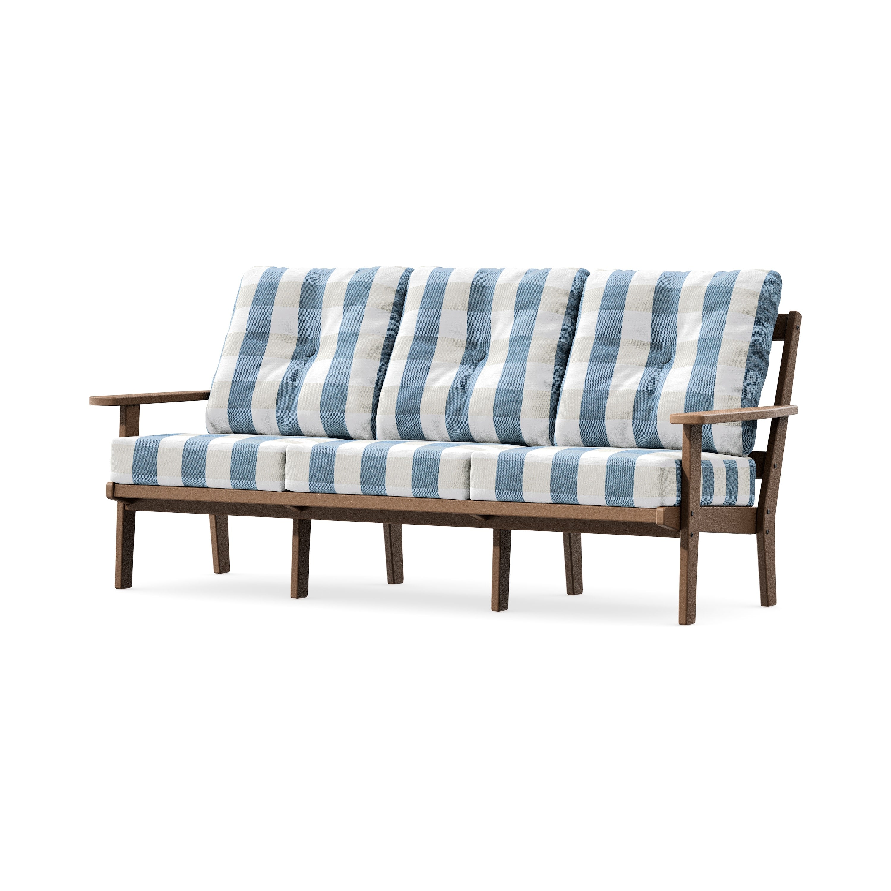 PrairieDeep Seating Sofa in Teak / Buffalo Plaid Sky Blue
