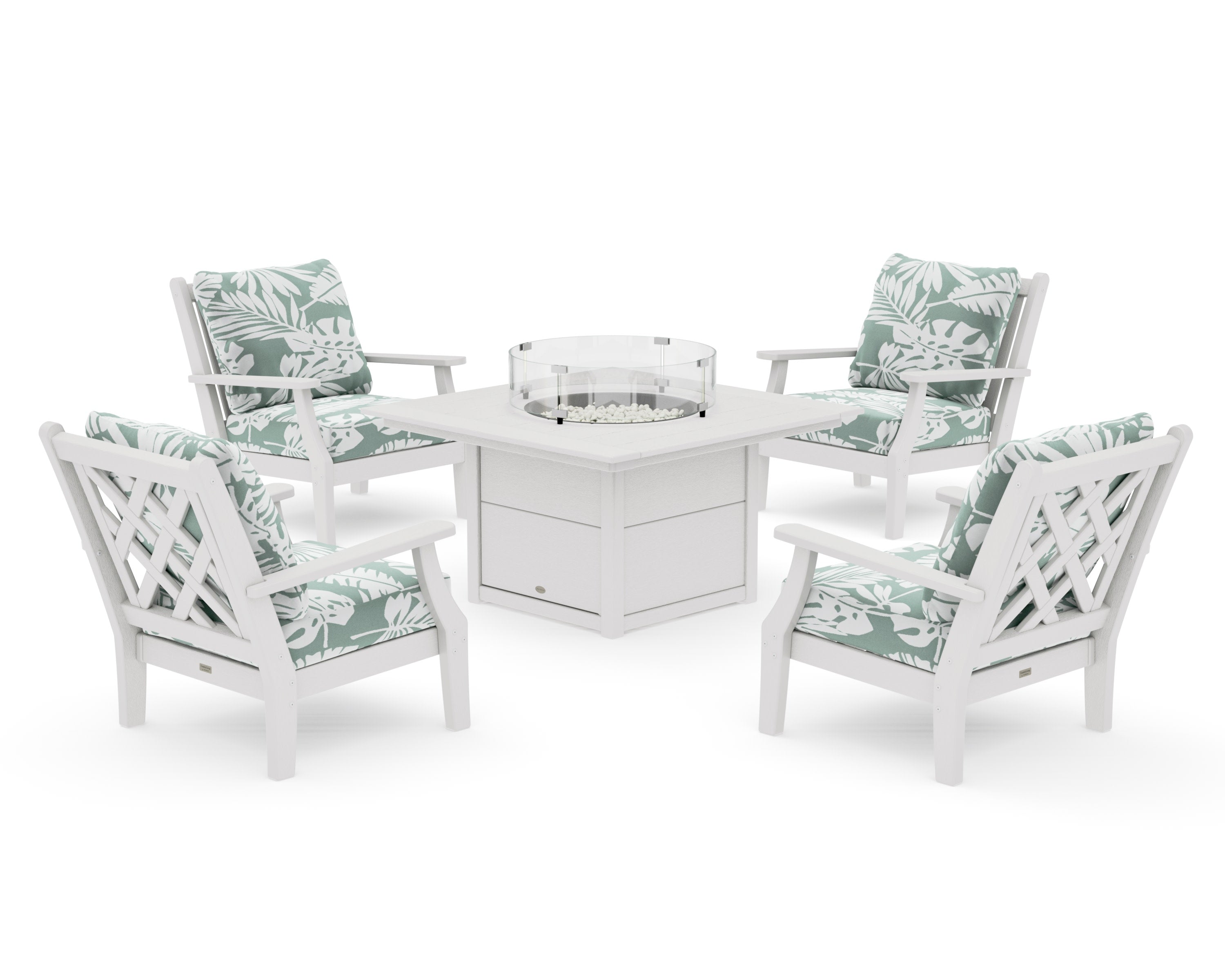 Wovendale 5-Piece Deep Seating Set with Fire Pit Table in Vintage White / Leaf Glacier Spa