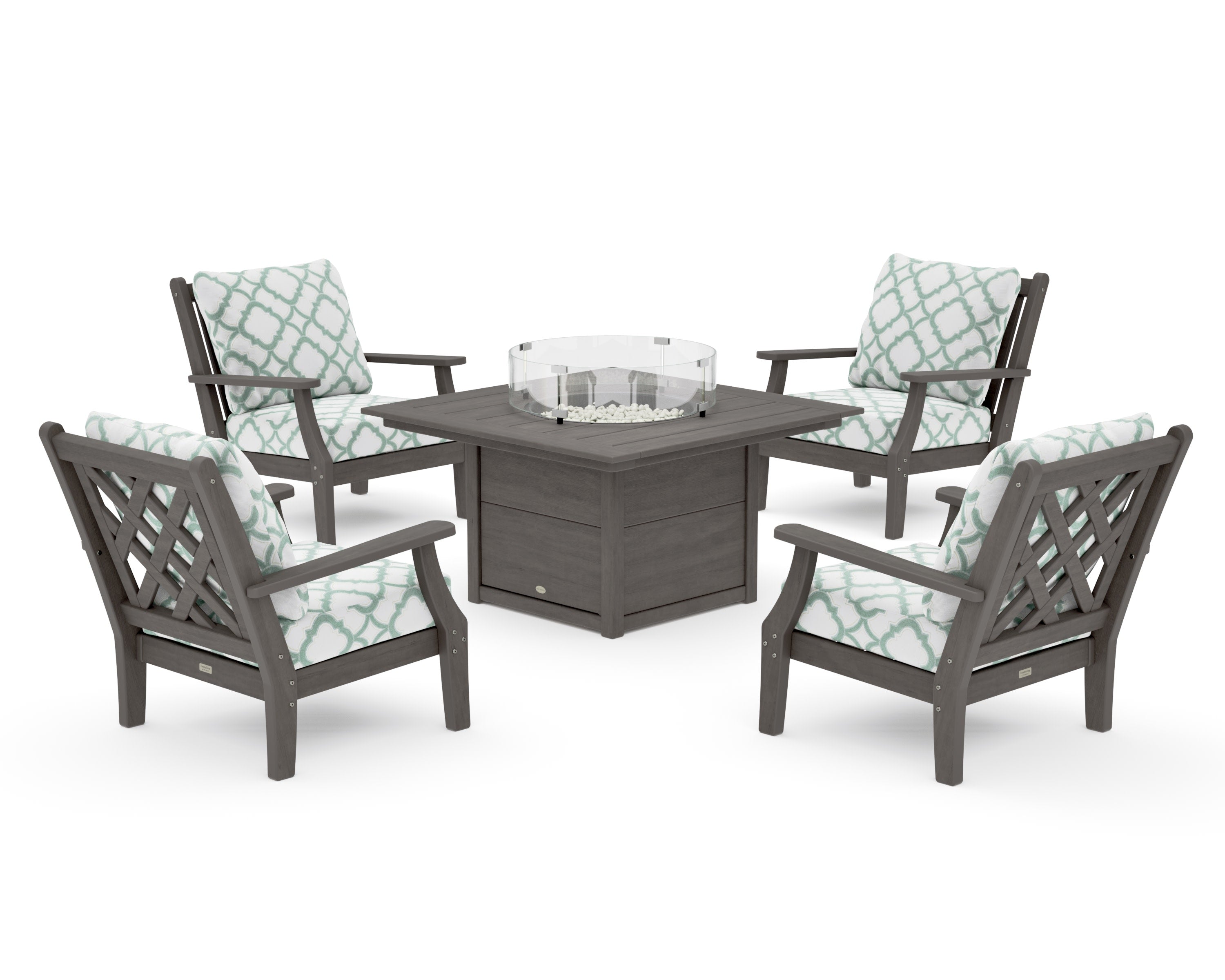Wovendale 5-Piece Deep Seating Set with Fire Pit Table in Driftwood / Trellis Glacier Spa