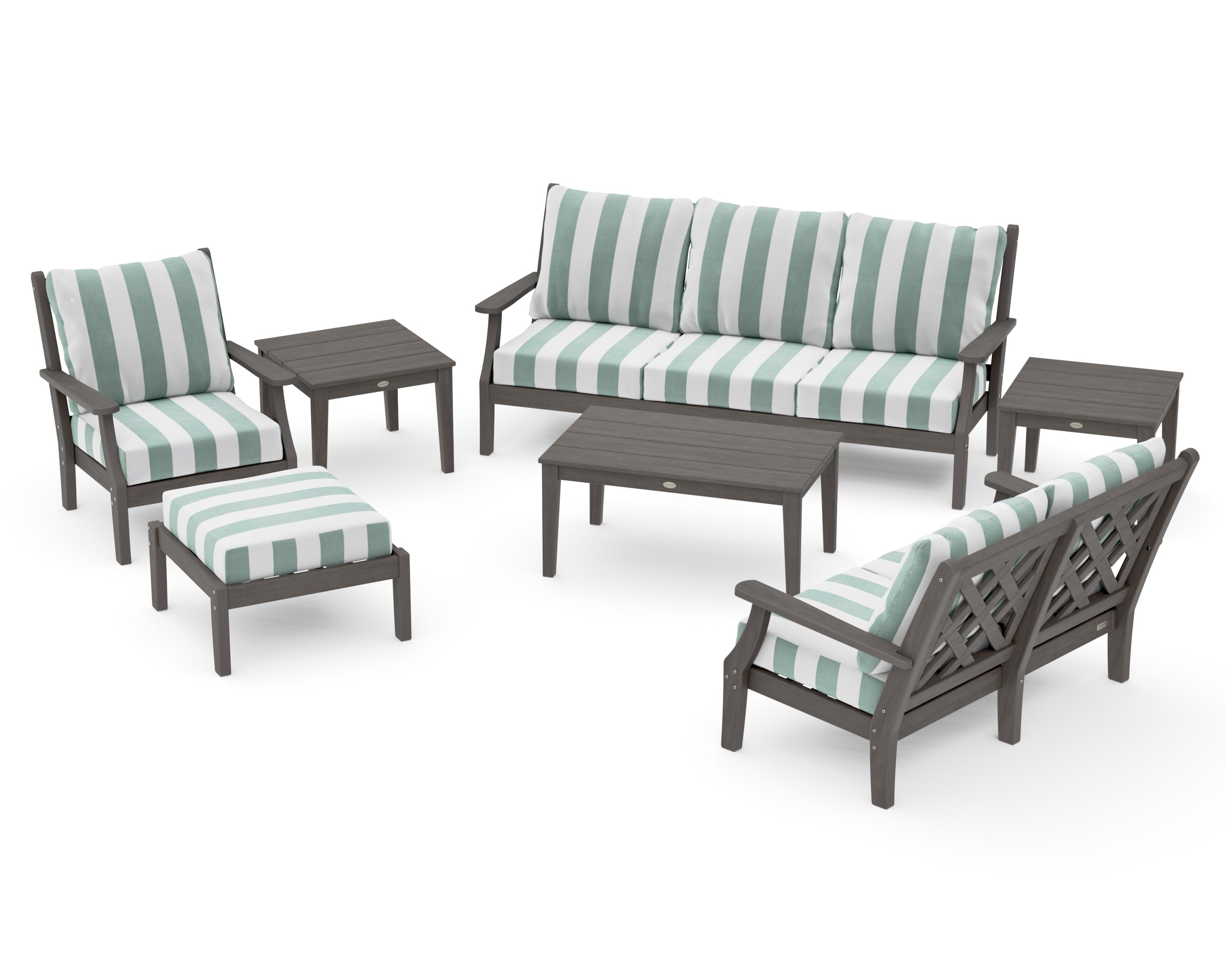 Wovendale 7-Piece Deep Seating Set in Driftwood / Cabana Stripe Glacier Spa