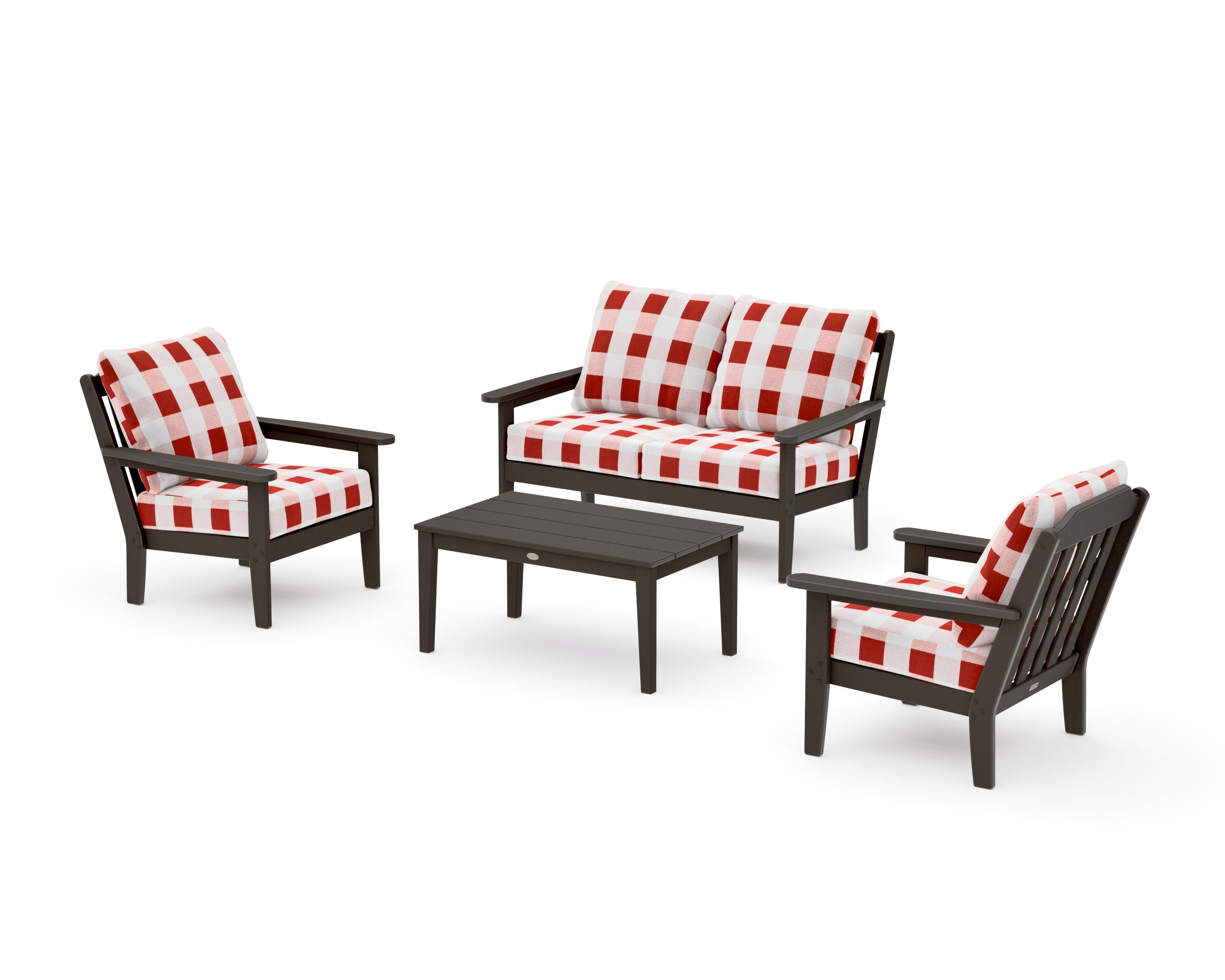 Cottage 4-Piece Deep Seating Set with Loveseat in Vintage Coffee / Buffalo Plaid Crimson