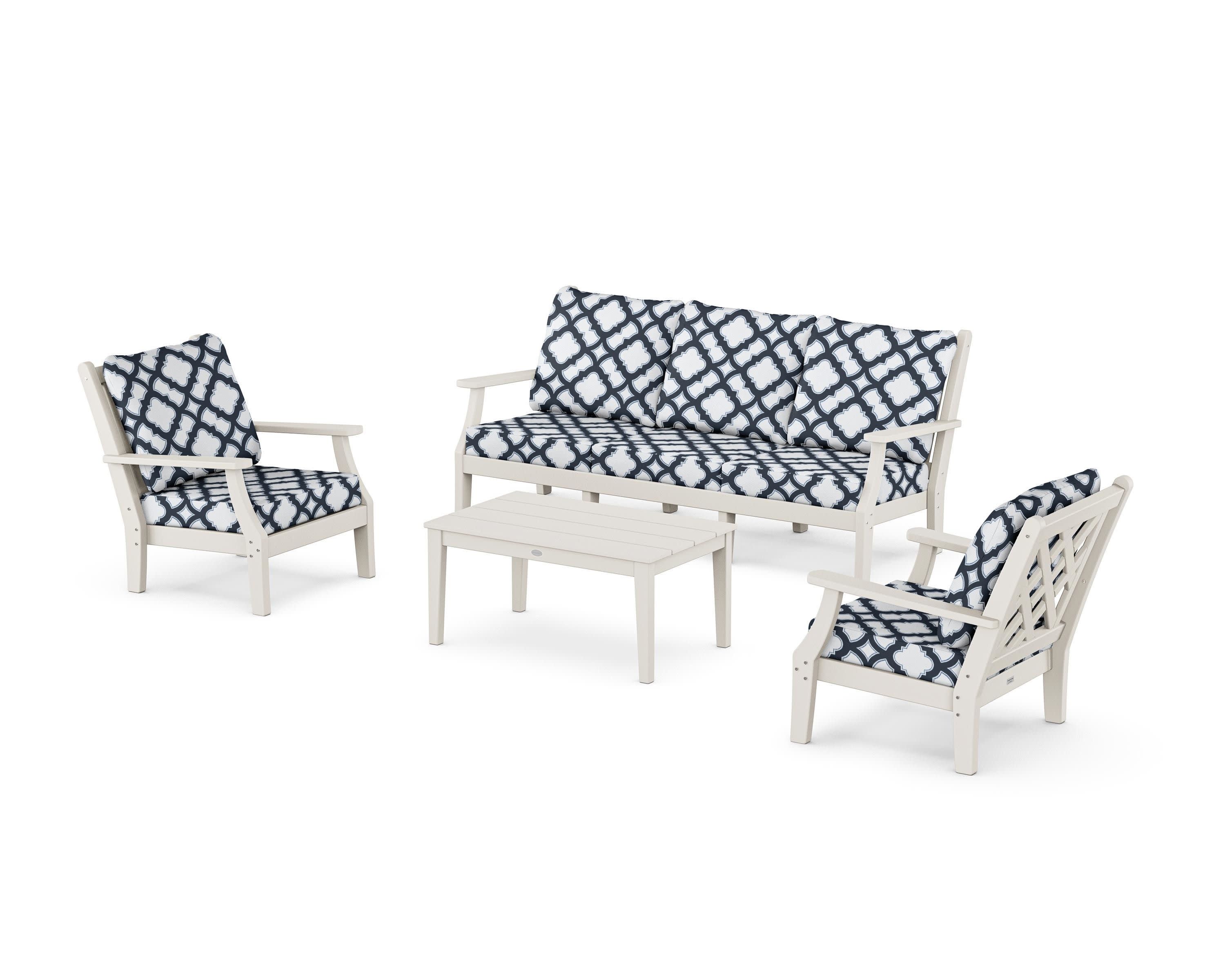 Wovendale 4-Piece Deep Seating Set with Sofa in Sand / Trellis Marine Indigo