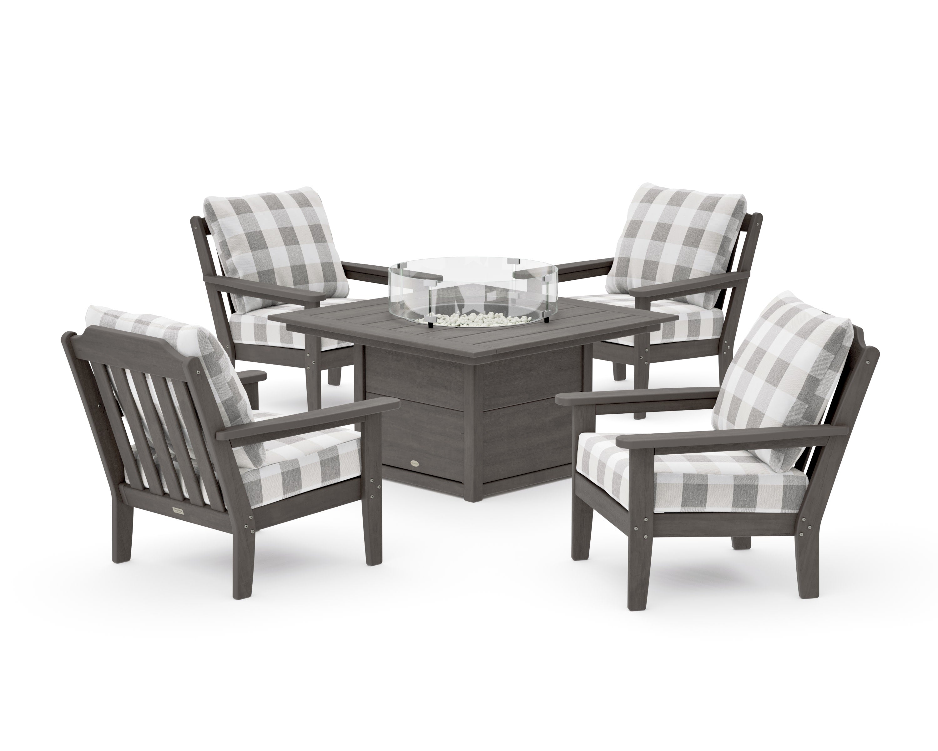 Cottage 5-Piece Deep Seating Set with Fire Pit Table in Driftwood / Buffalo Plaid Grey Mist