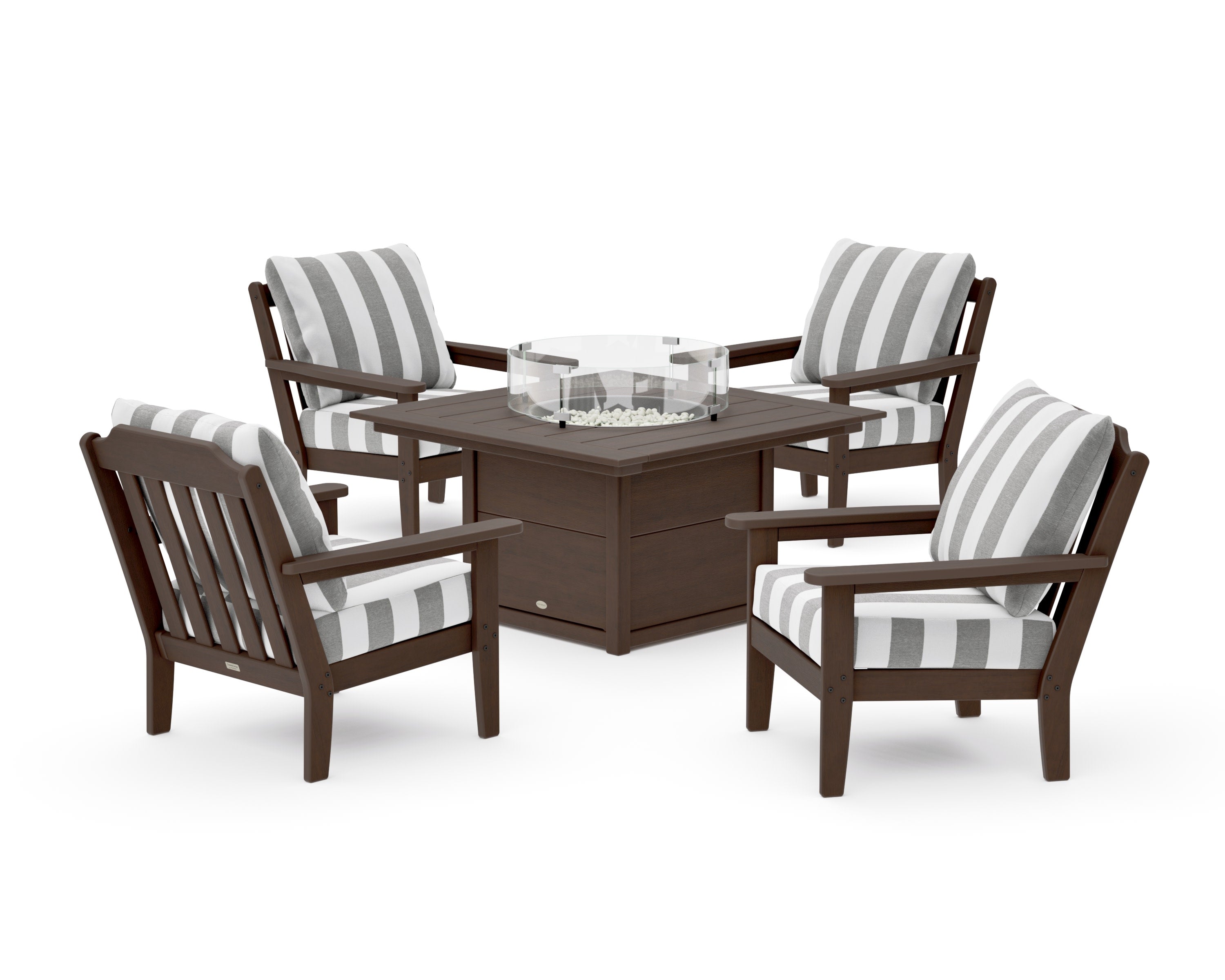 Cottage 5-Piece Deep Seating Set with Fire Pit Table in Kona / Cabana Stripe Grey Mist