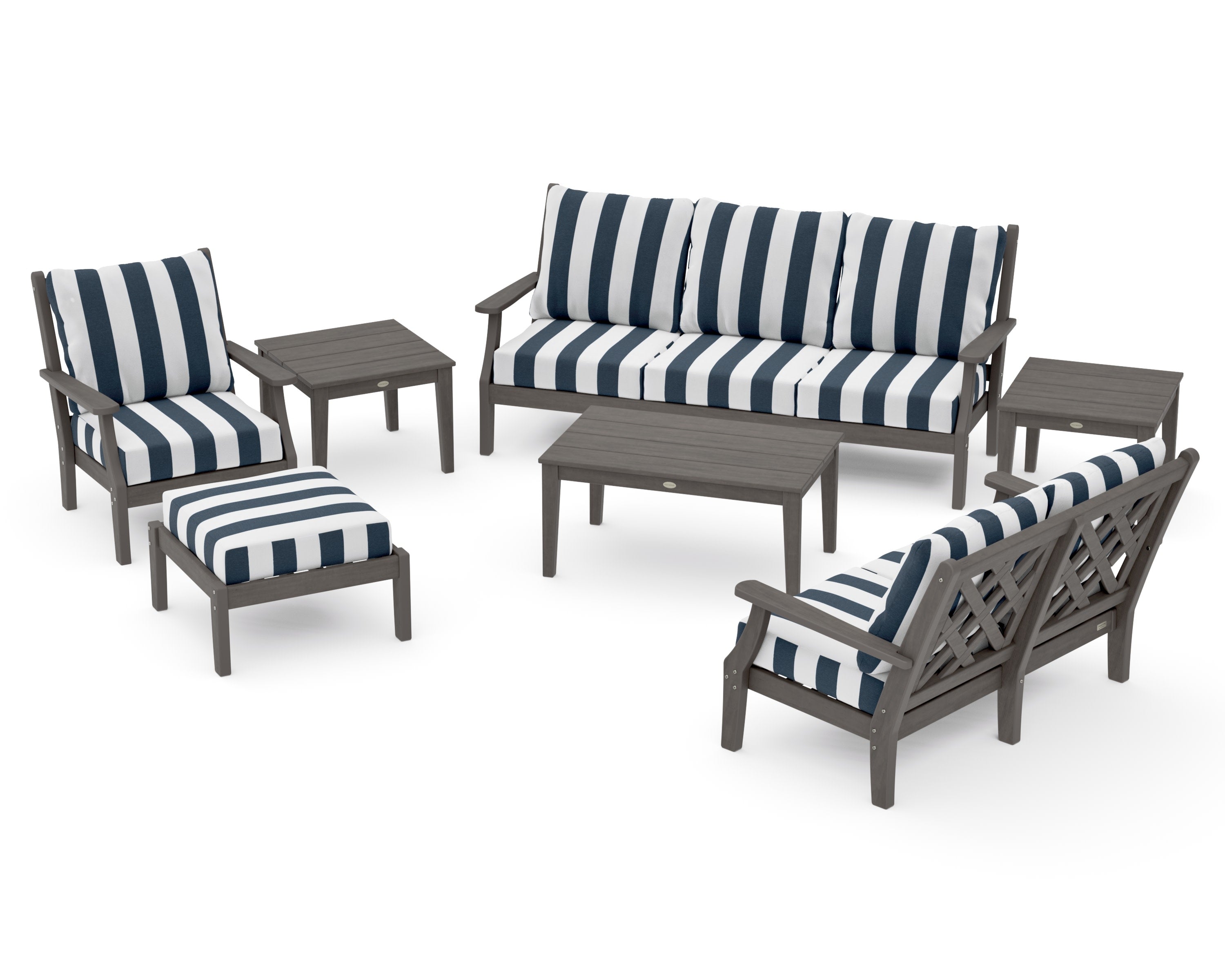 Wovendale 7-Piece Deep Seating Set in Driftwood / Cabana Stripe Marine Indigo