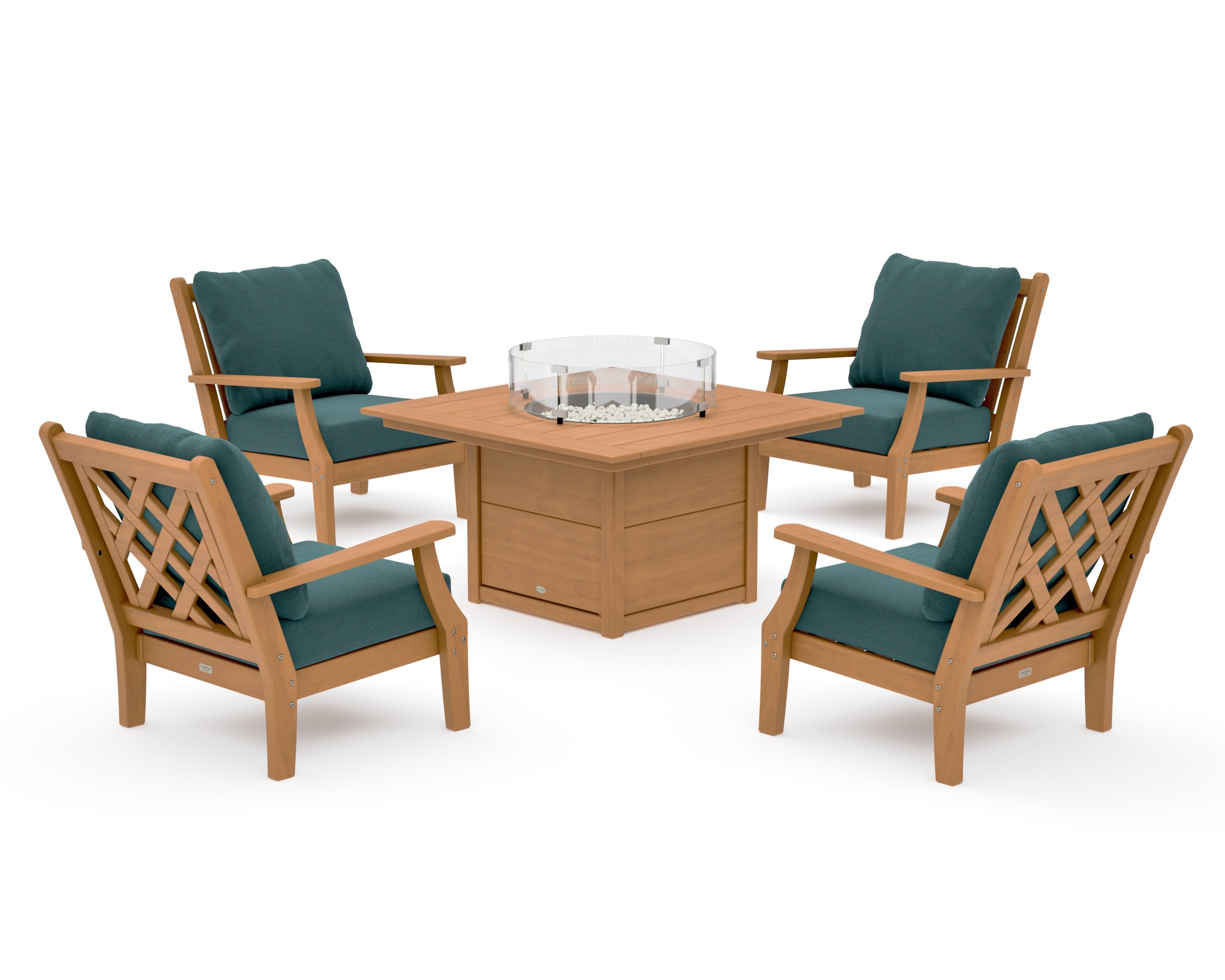 Wovendale 5-Piece Deep Seating Set with Fire Pit Table in Natural / Ocean Teal