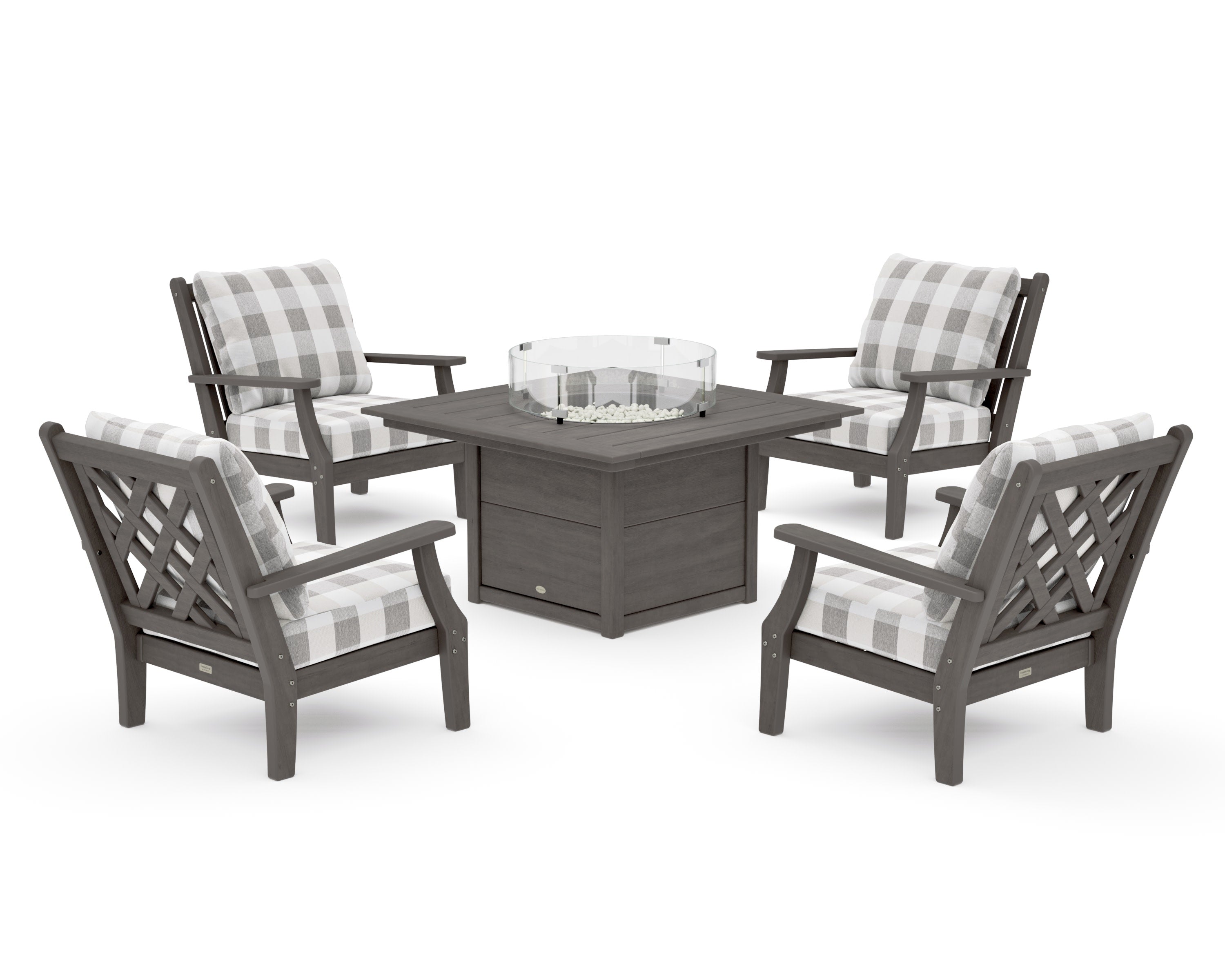 Wovendale 5-Piece Deep Seating Set with Fire Pit Table in Driftwood / Buffalo Plaid Grey Mist
