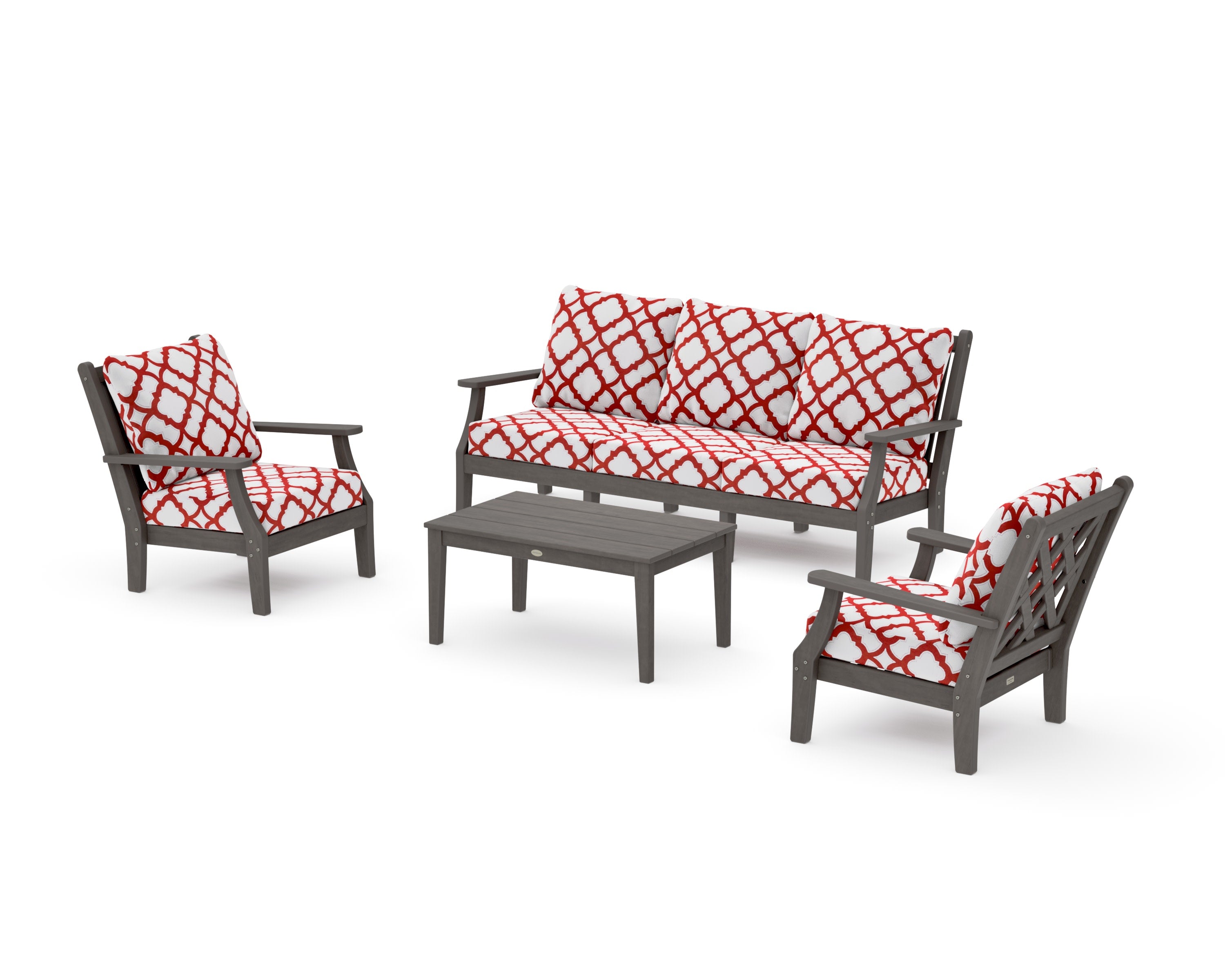 Wovendale 4-Piece Deep Seating Set with Sofa in Driftwood / Trellis Crimson