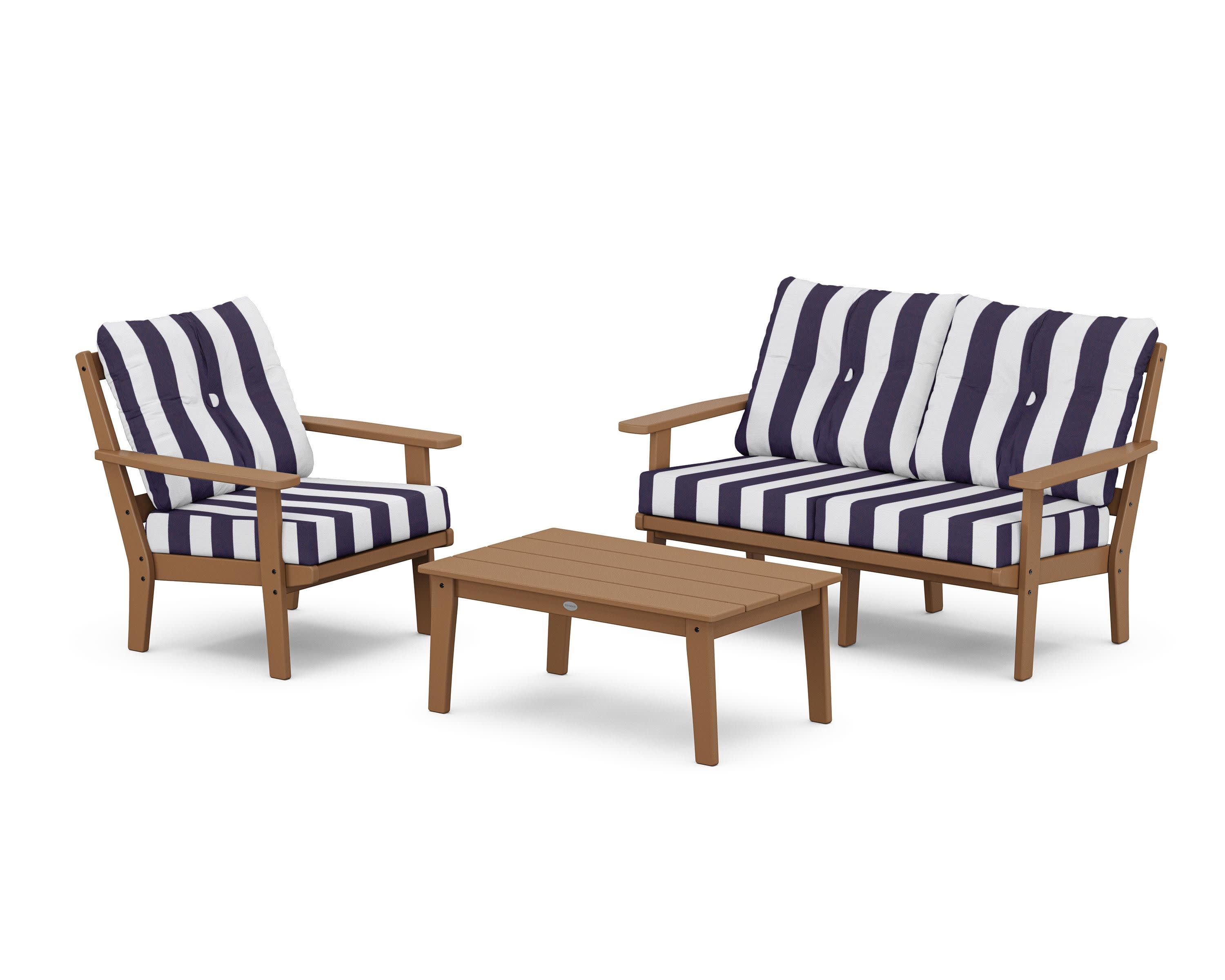Prairie 3-Piece Deep Seating Set with Loveseat in Teak / Cabana Stripe Navy