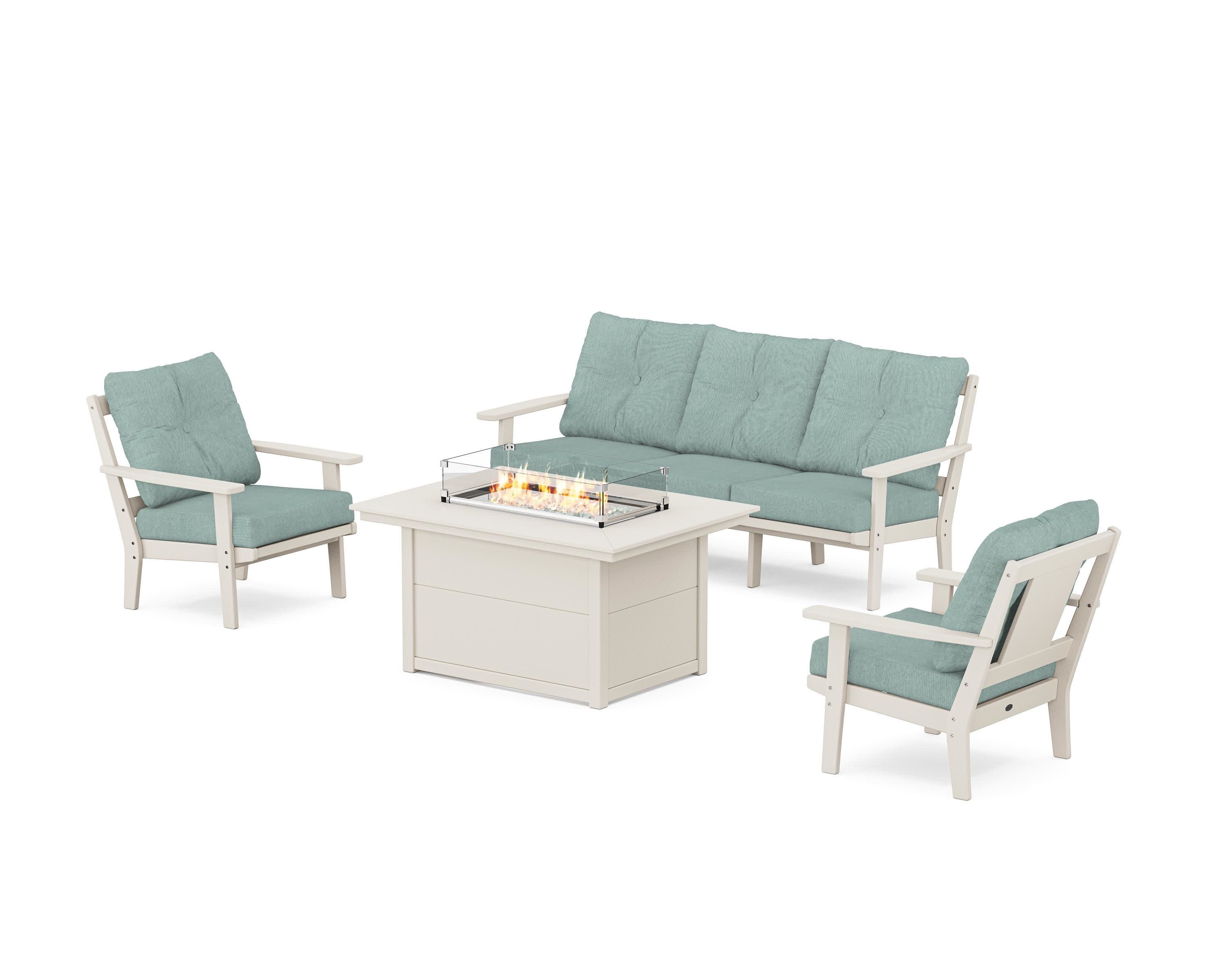 Prairie Deep Seating Fire Pit Table Set in Sand / Glacier Spa