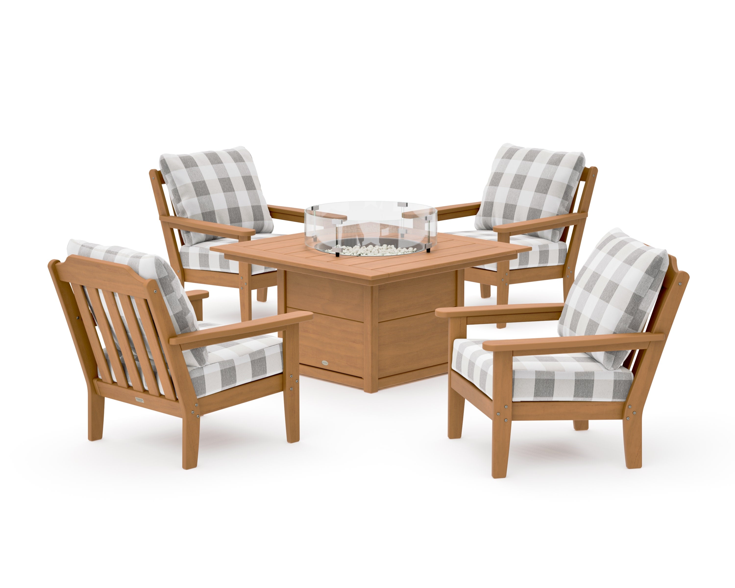 Cottage 5-Piece Deep Seating Set with Fire Pit Table in Natural / Buffalo Plaid Grey Mist