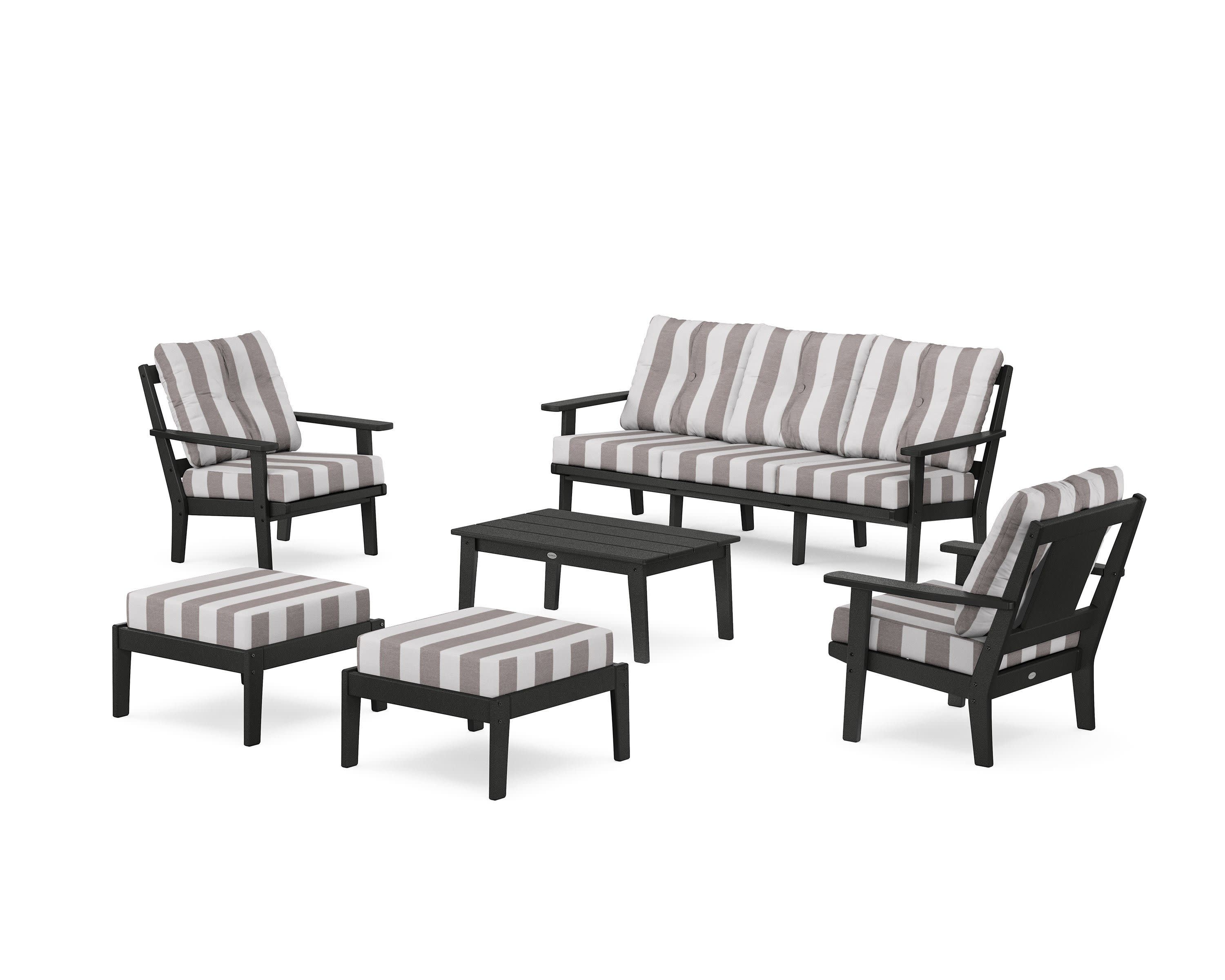 Prairie 6-Piece Lounge Sofa Set in Black / Cabana Stripe Grey Mist
