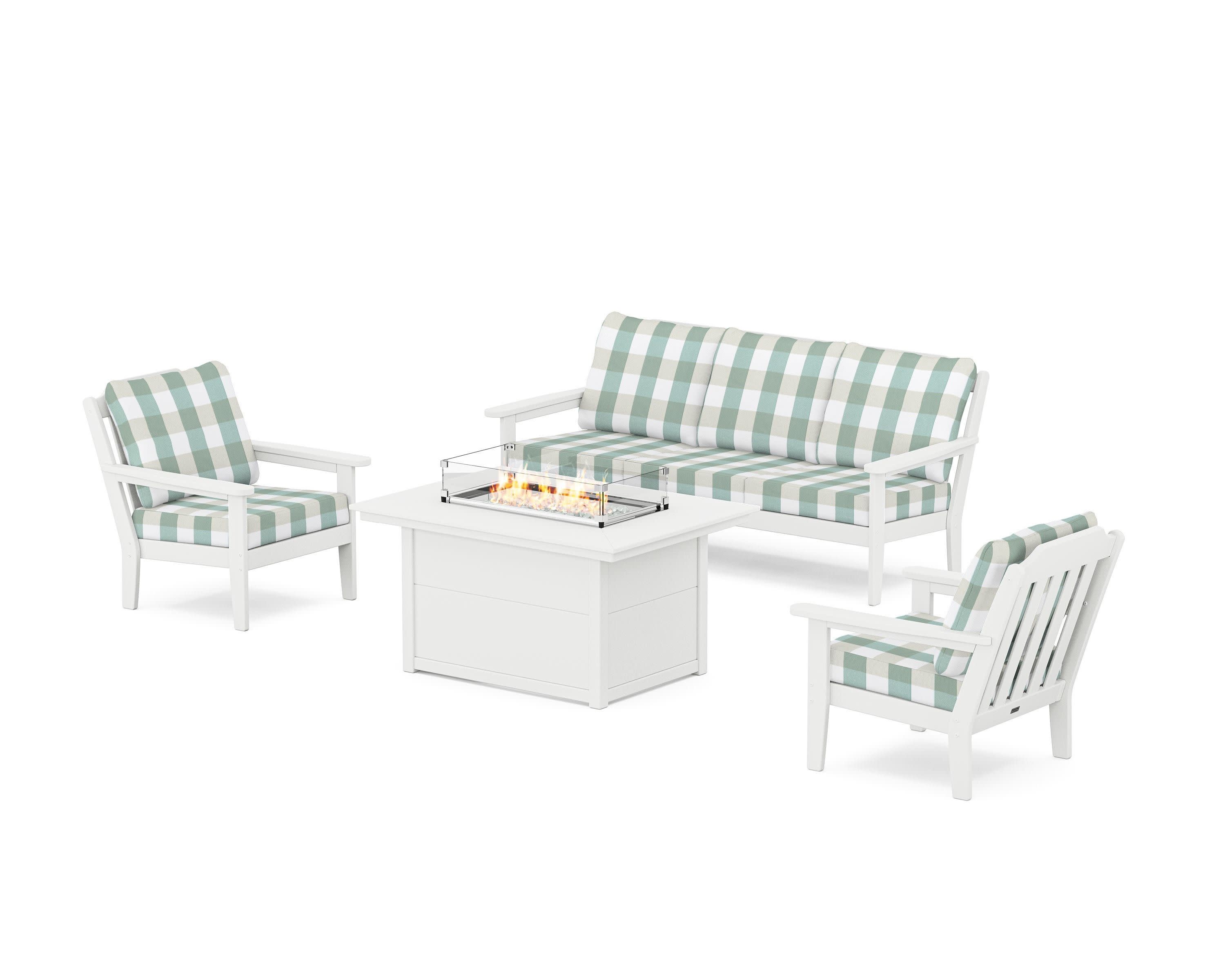 Cottage Deep Seating Fire Pit Table Set in White / Buffalo Plaid Glacier Spa
