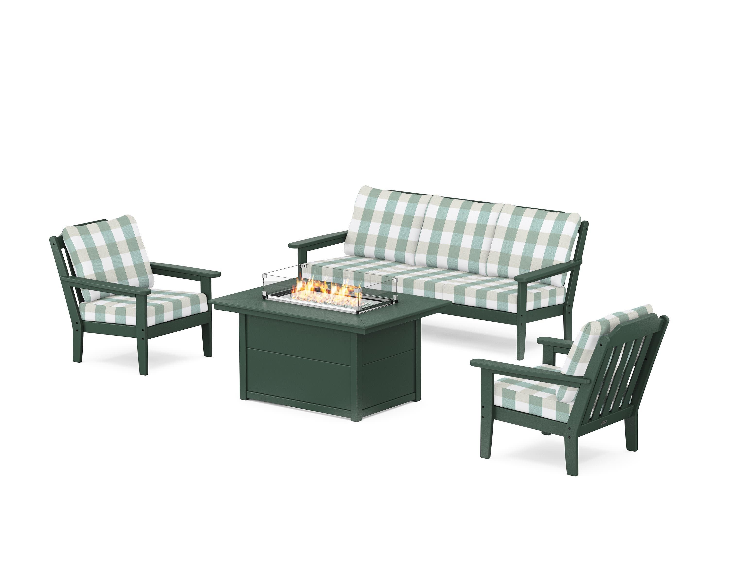 Cottage Deep Seating Fire Pit Table Set in Green / Buffalo Plaid Glacier Spa