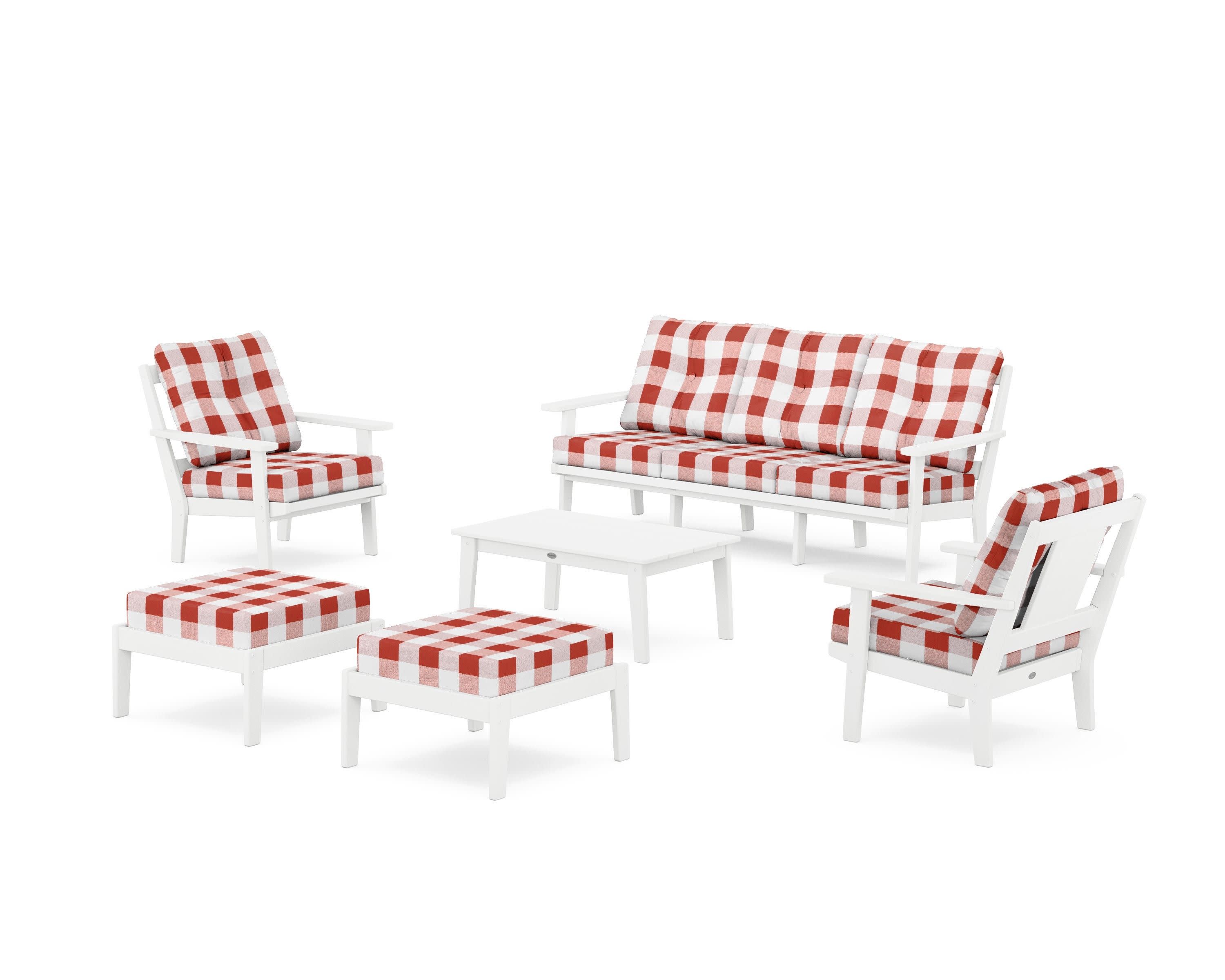 Prairie 6-Piece Lounge Sofa Set in White / Buffalo Plaid Crimson