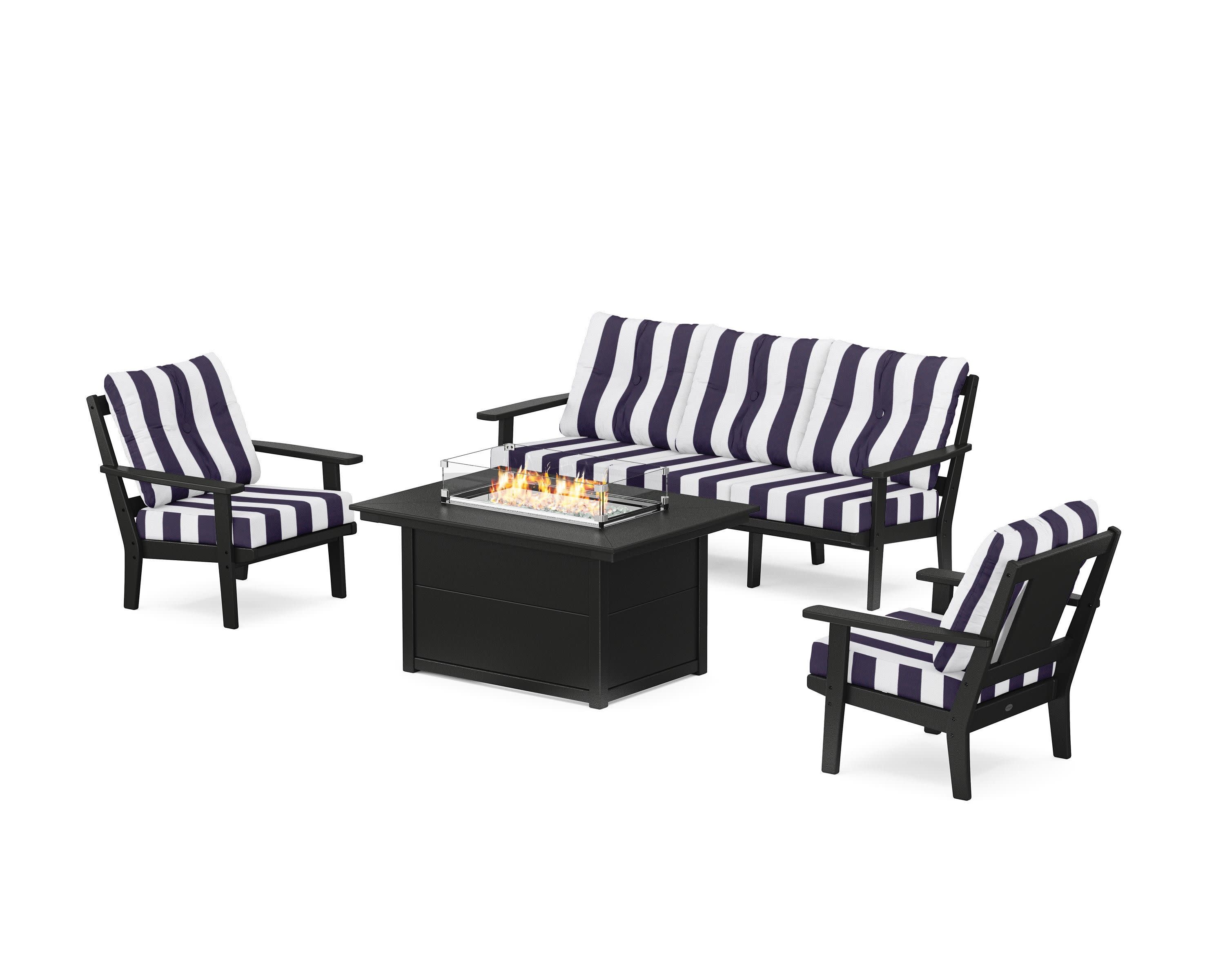 Prairie Deep Seating Fire Pit Table Set in Black / Cabana Stripe Navy