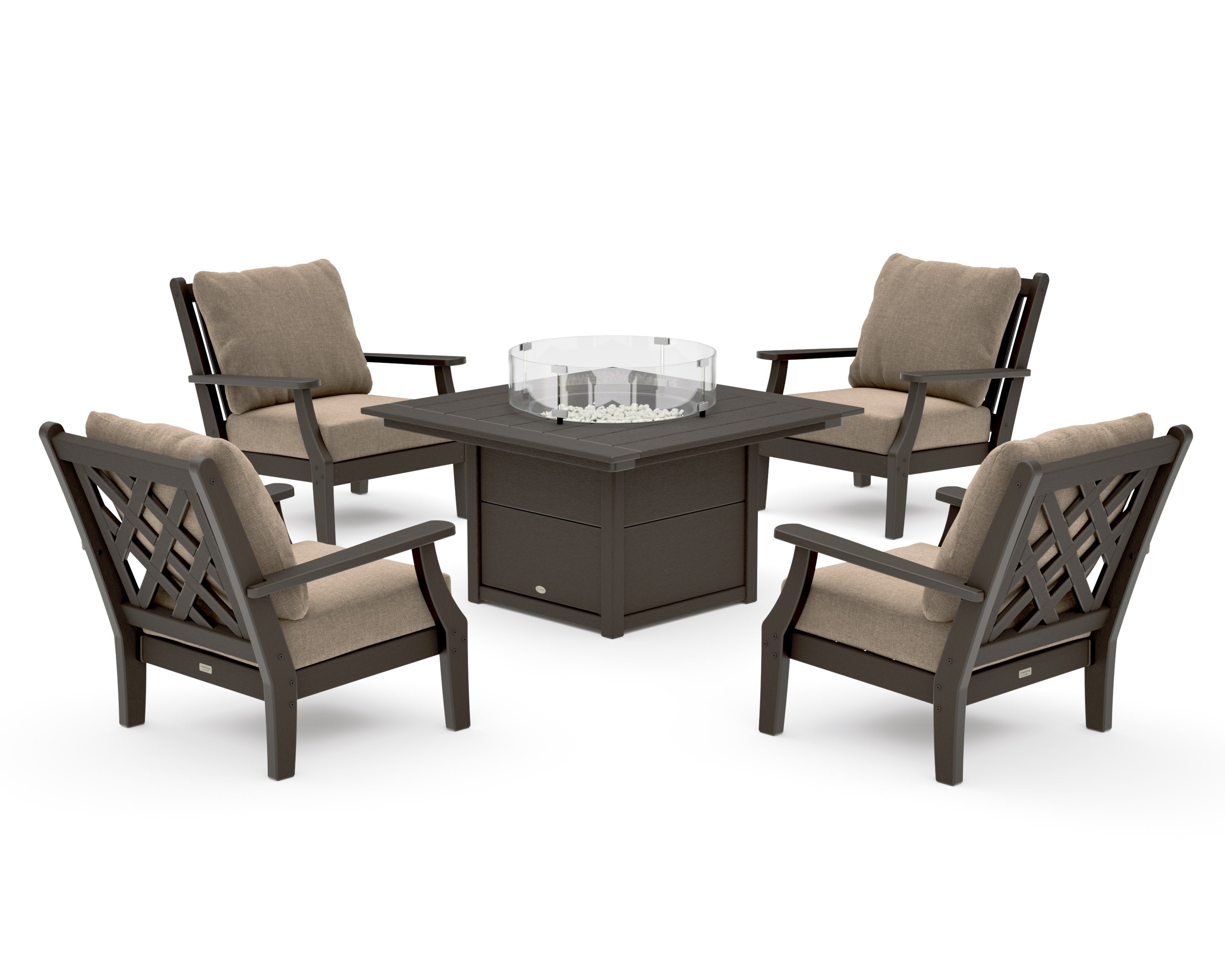 Wovendale 5-Piece Deep Seating Set with Fire Pit Table in Vintage Coffee / Spiced Burlap