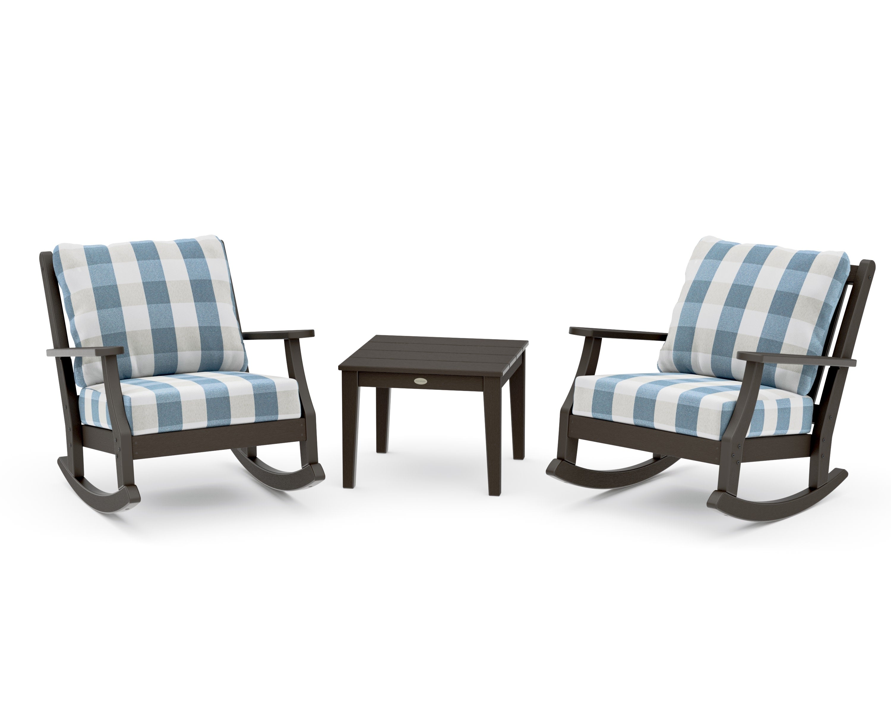 Wovendale 3-Piece Deep Seating Rocker Set in Vintage Coffee / Buffalo Plaid Sky Blue