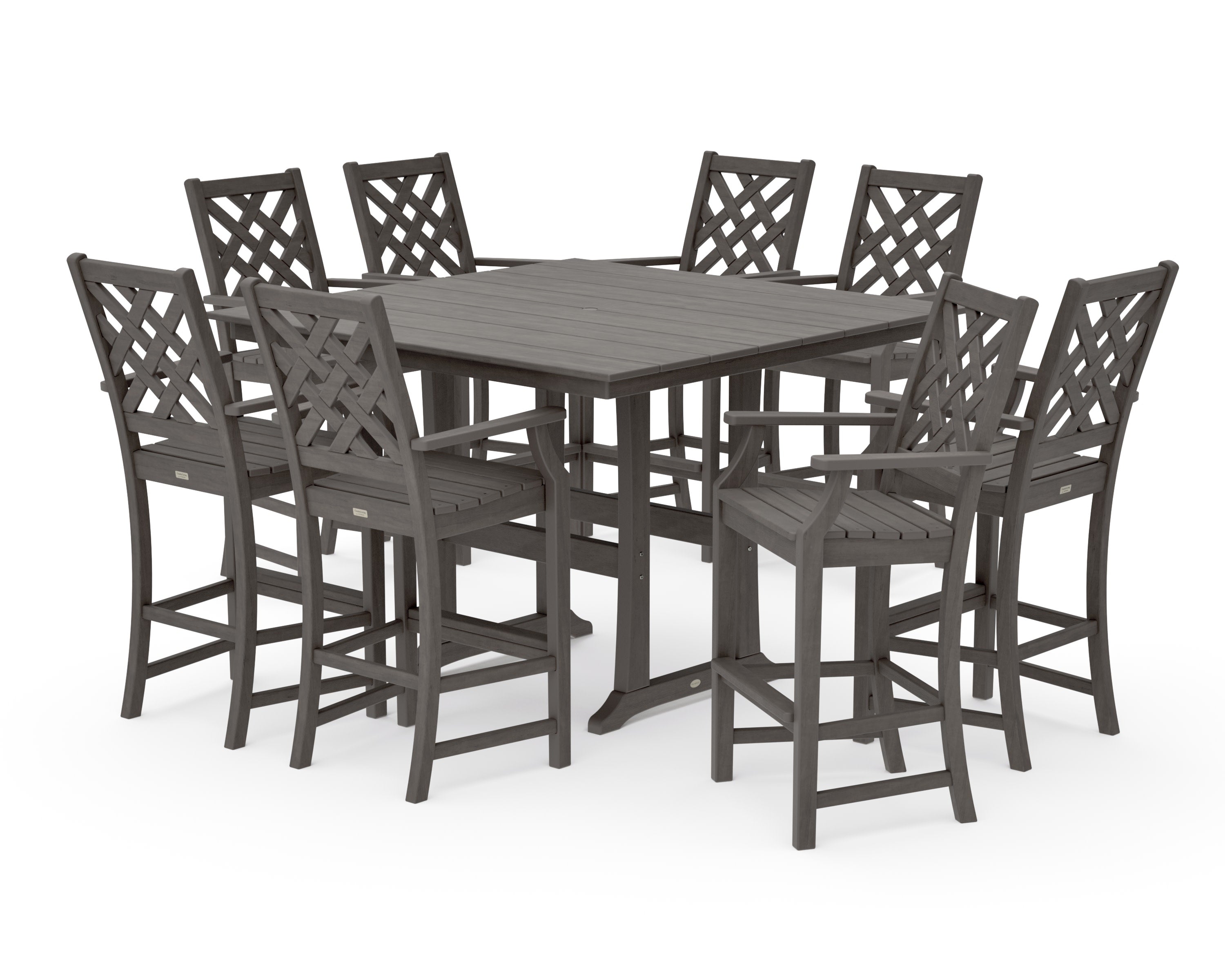 Wovendale 9-Piece Square Farmhouse Bar Set with Trestle Legs in Driftwood