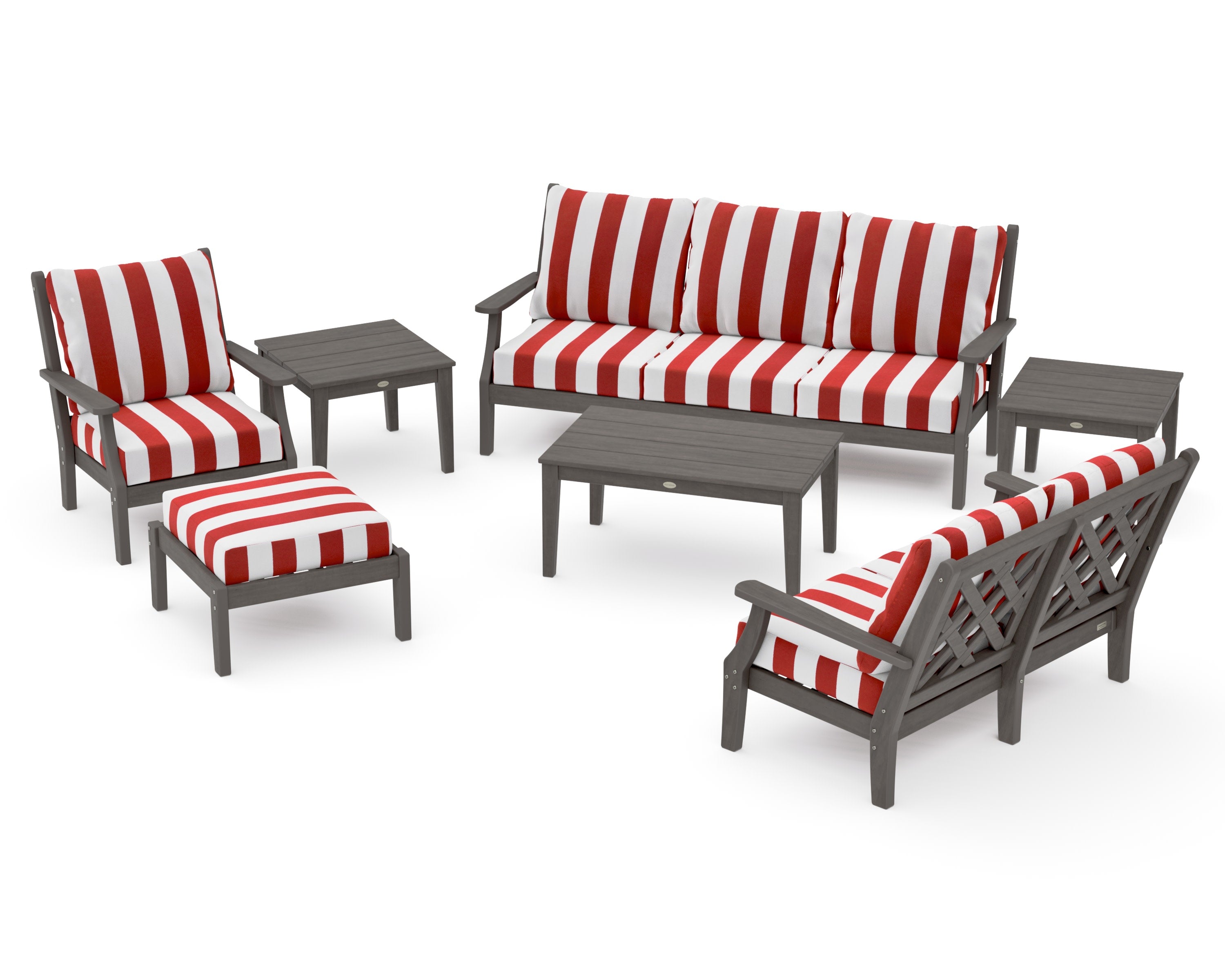 Wovendale 7-Piece Deep Seating Set in Driftwood / Cabana Stripe Crimson