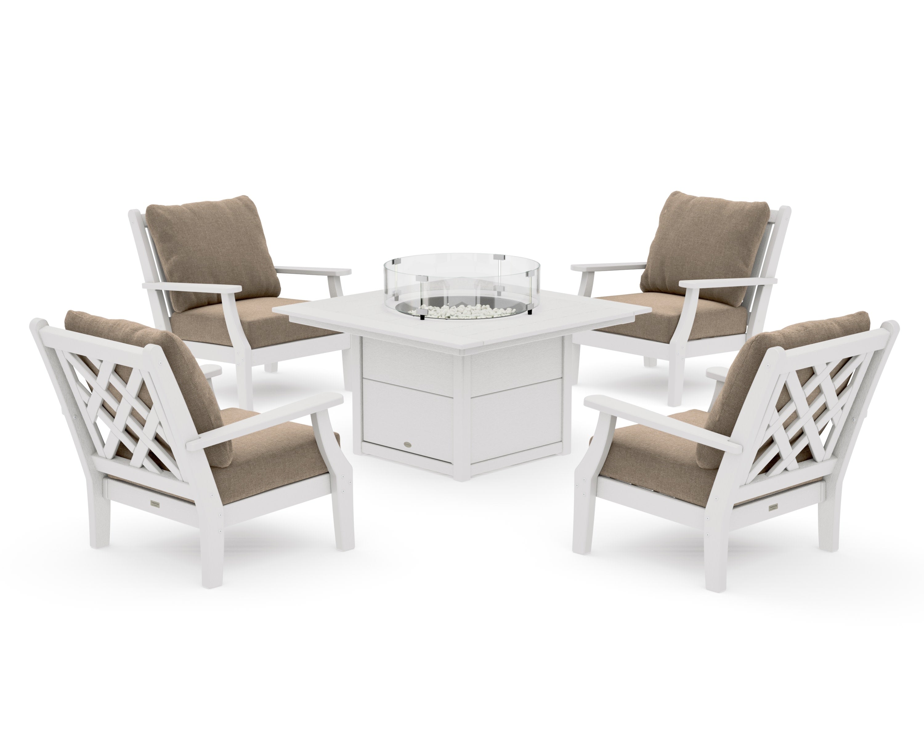 Wovendale 5-Piece Deep Seating Set with Fire Pit Table in Vintage White / Spiced Burlap