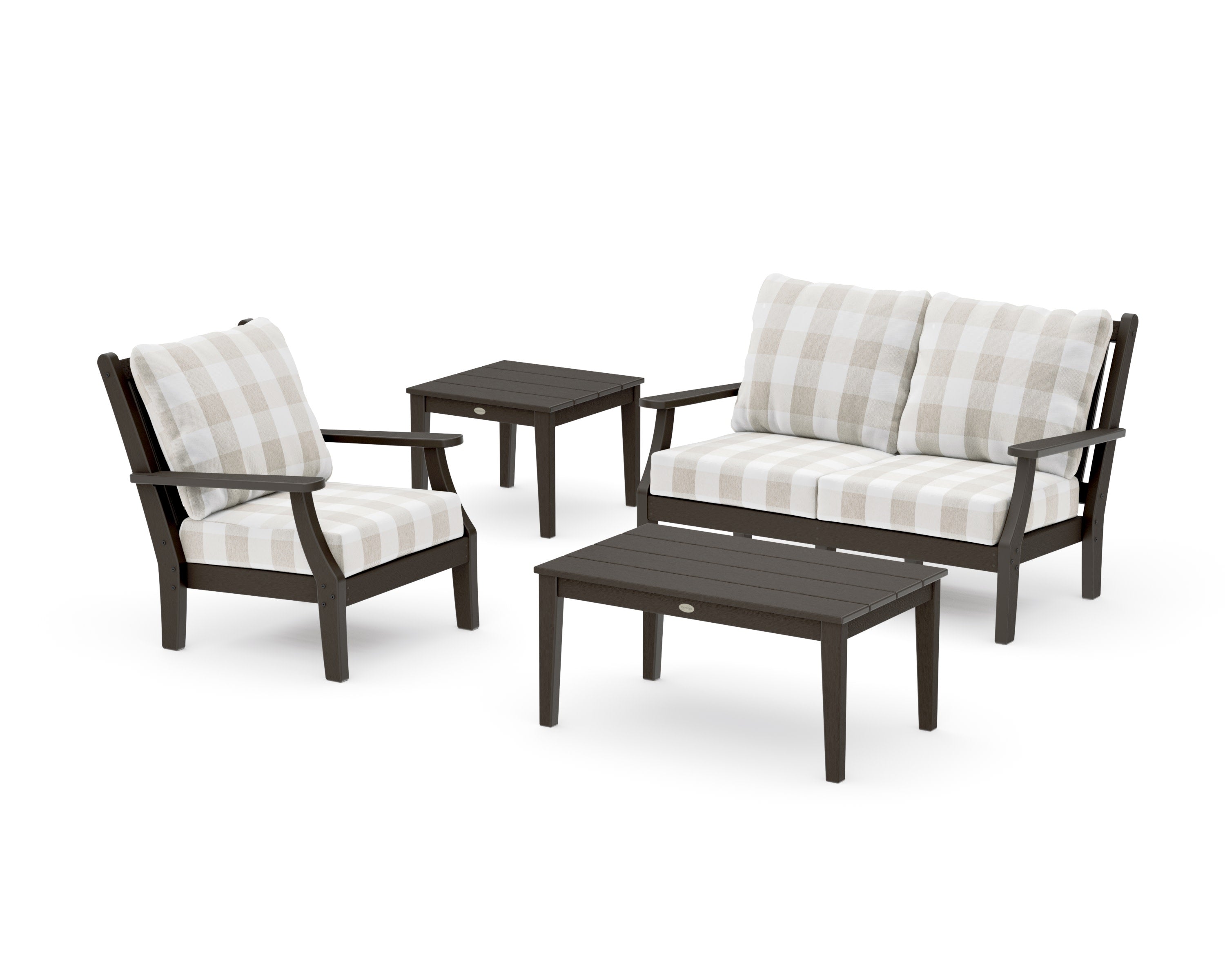 Wovendale 4-Piece Deep Seating Set in Vintage Coffee / Buffalo Plaid Dune Burlap