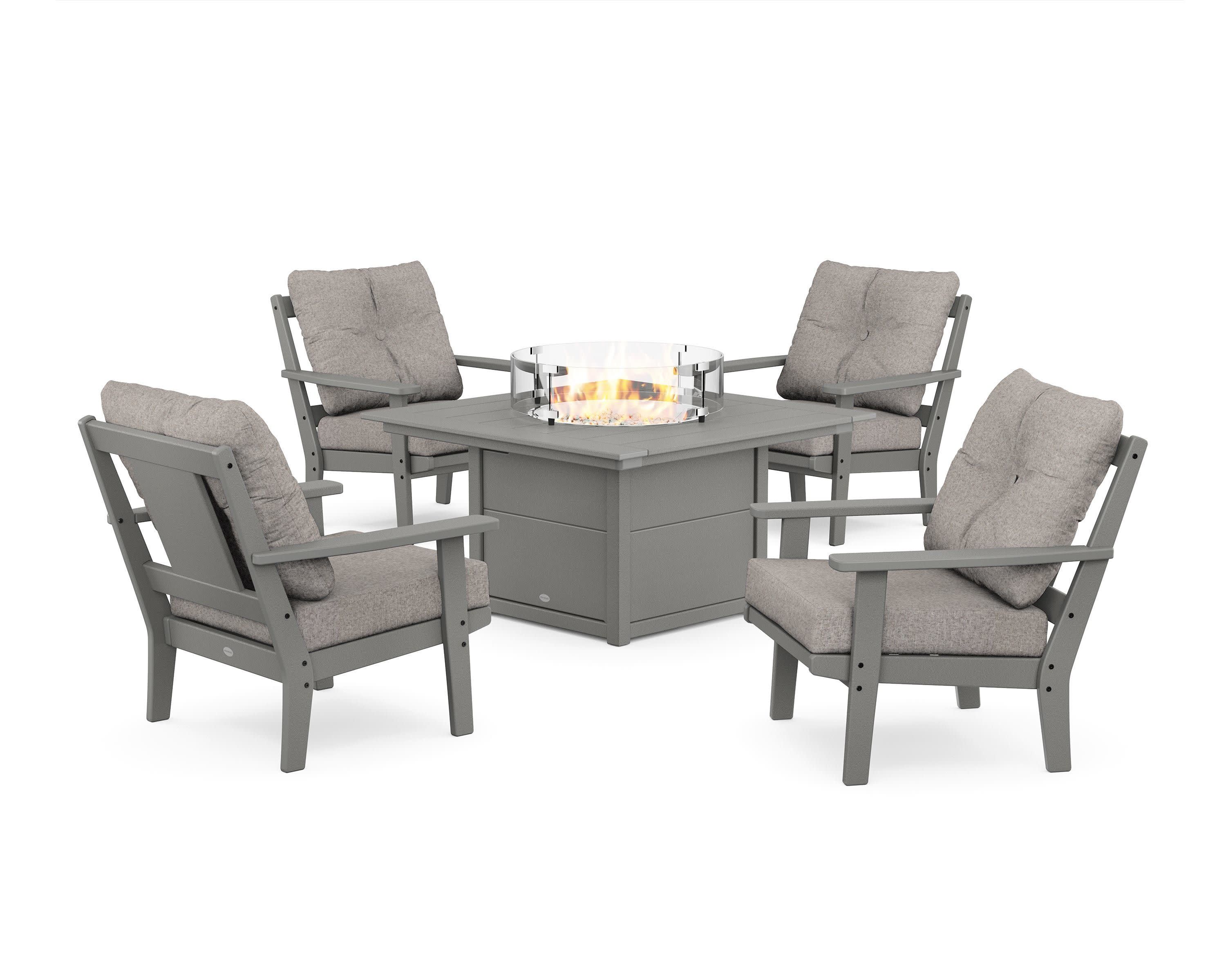 Prairie 5-Piece Deep Seating Set with Fire Pit Table in Slate Grey / Weathered Tweed