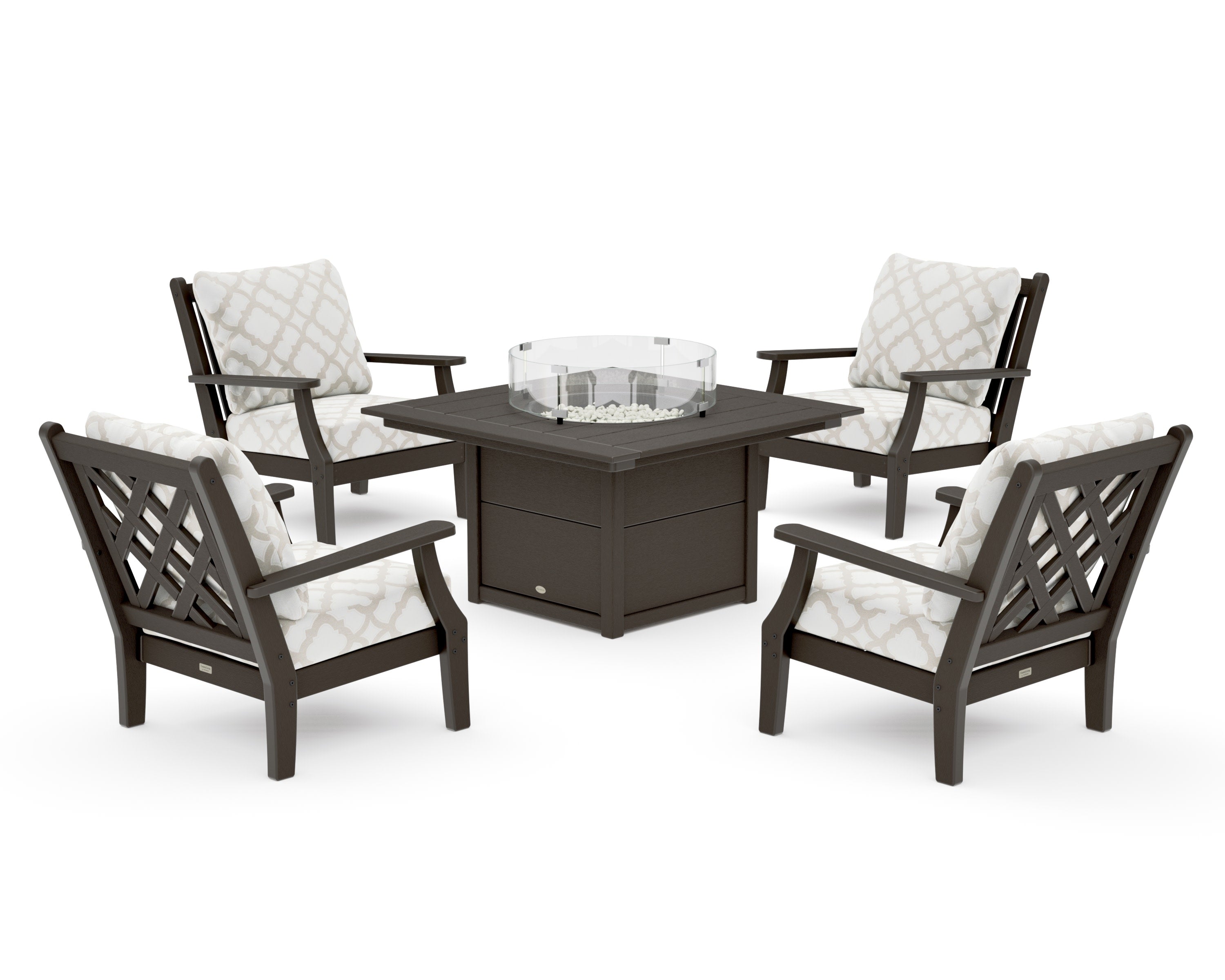 Wovendale 5-Piece Deep Seating Set with Fire Pit Table in Vintage Coffee / Trellis Dune Burlap