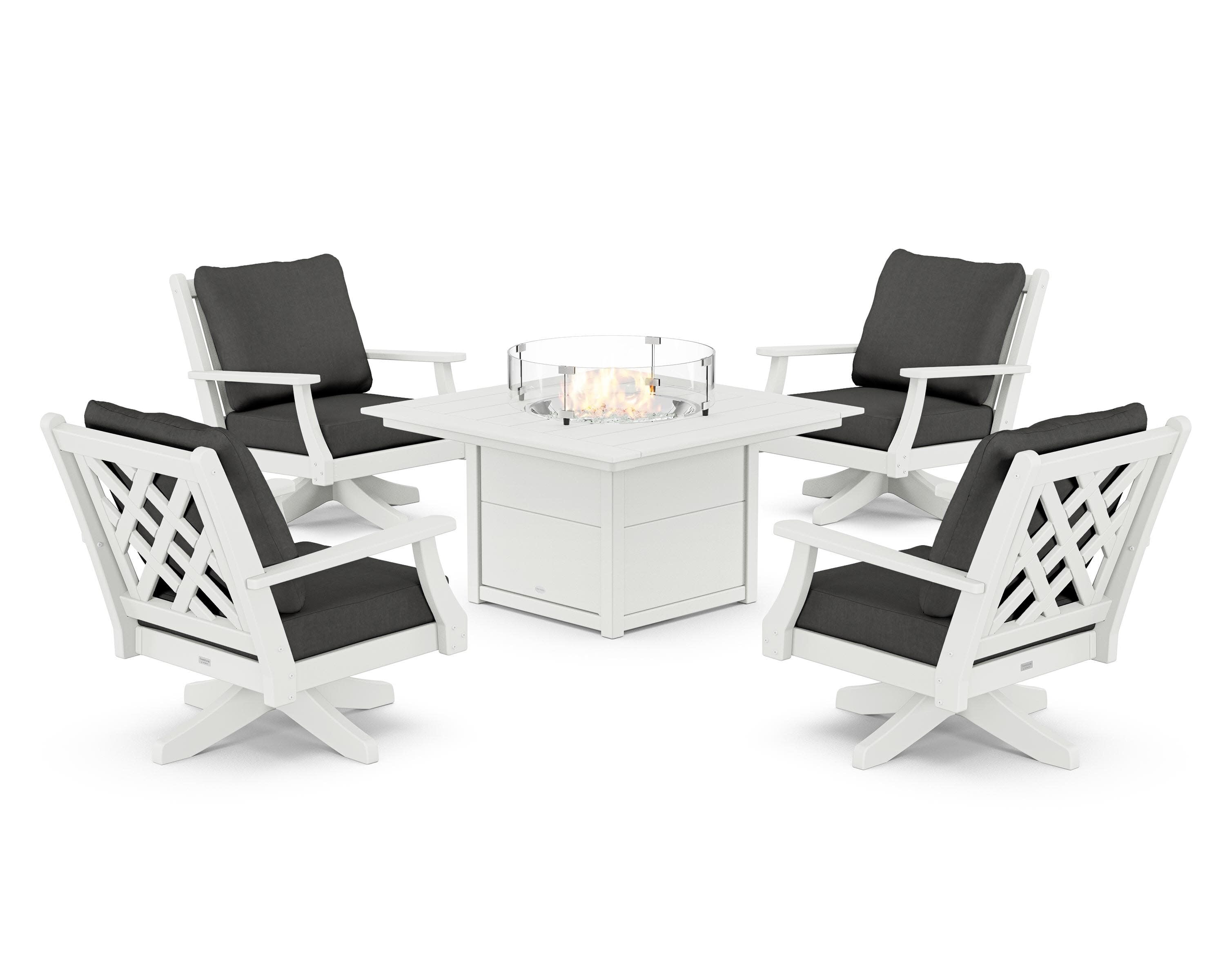 Wovendale 5-Piece Deep Seating Swivel Conversation Set with Fire Pit Table in White / Spectrum Carbon