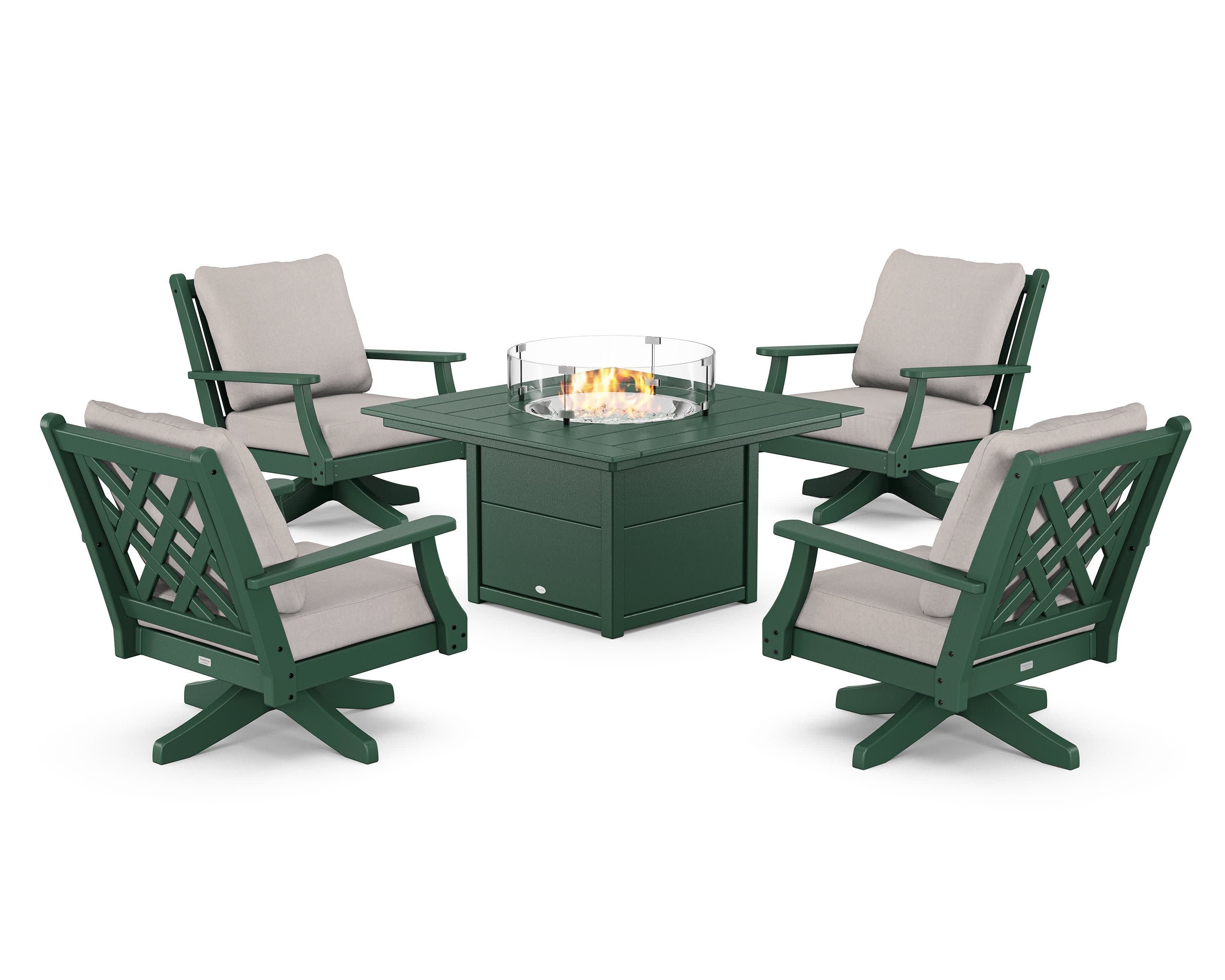 Wovendale 5-Piece Deep Seating Swivel Conversation Set with Fire Pit Table in Green / Dune Burlap