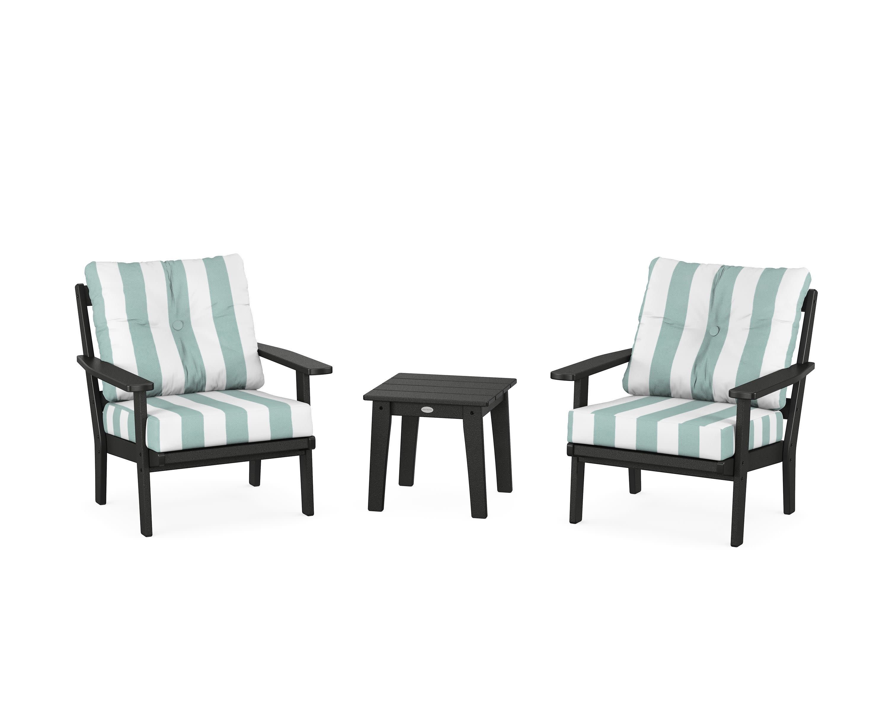 Prairie 3-Piece Deep Seating Set in Black / Cabana Stripe Glacier Spa