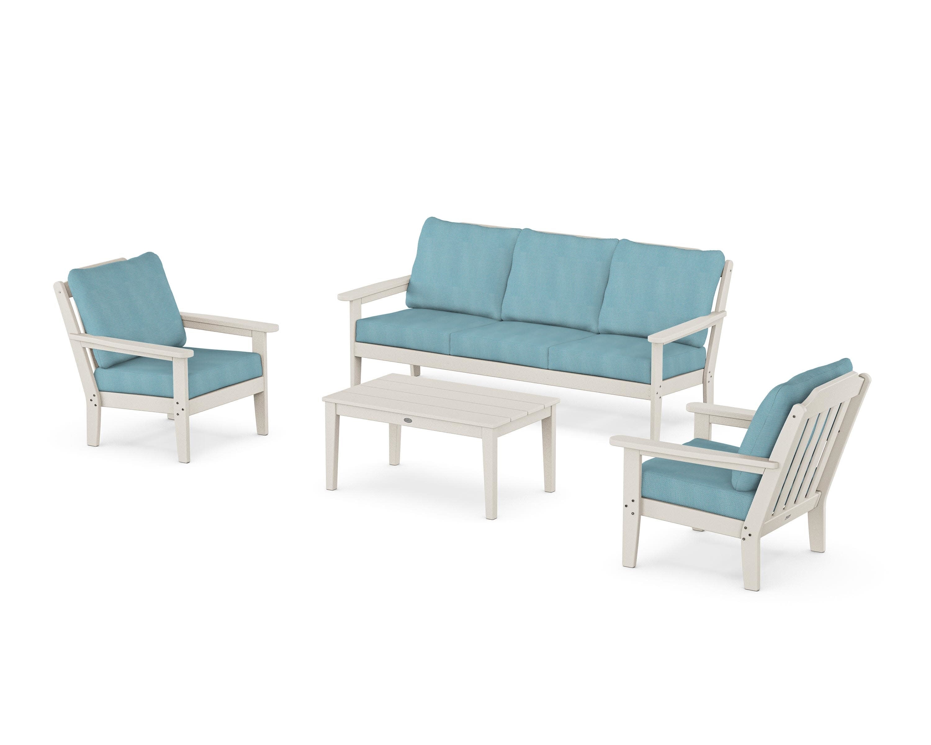 Cottage 4-Piece Deep Seating Set with Sofa in Sand / Lattice Sky Blue