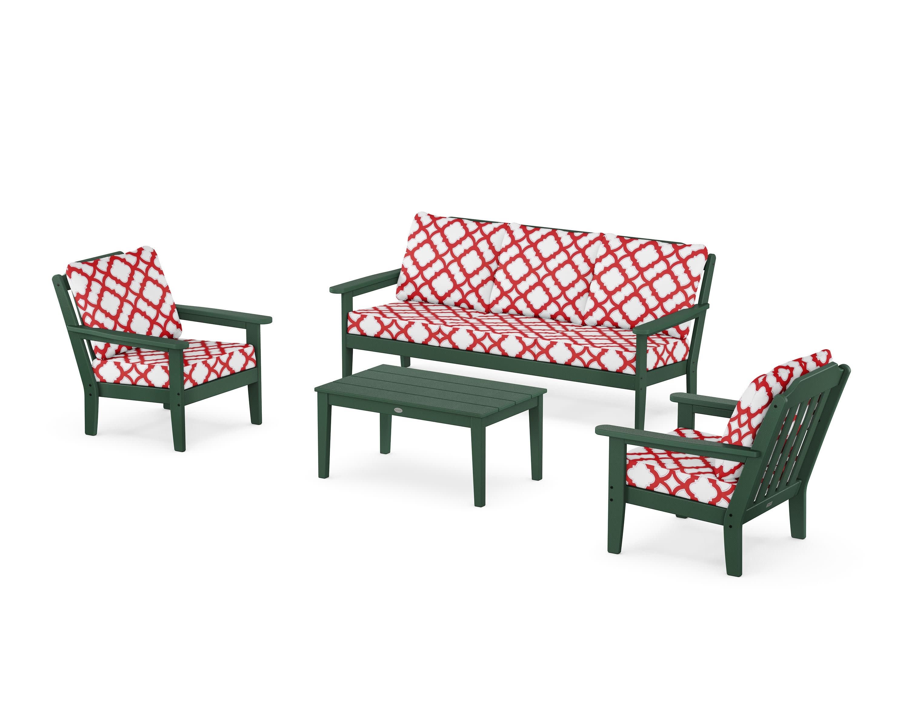 Cottage 4-Piece Deep Seating Set with Sofa in Green / Trellis Crimson