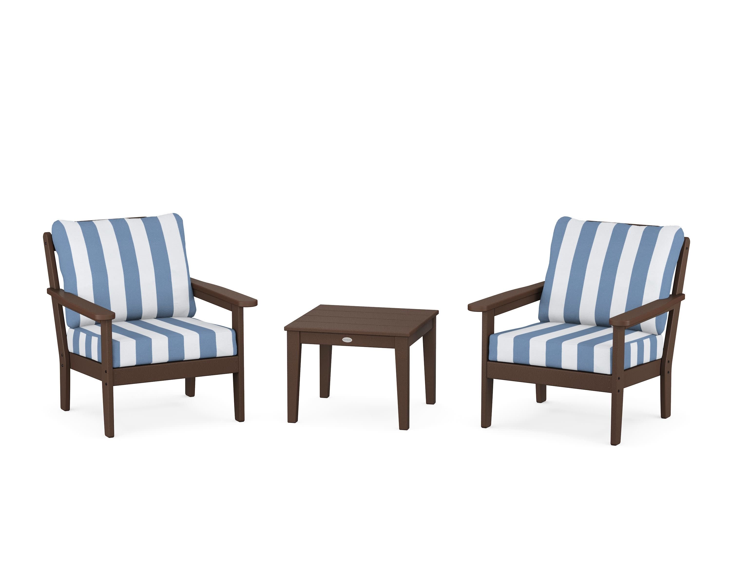 Cottage 3-Piece Deep Seating Set in Mahogany / Cabana Stripe Sky Blue