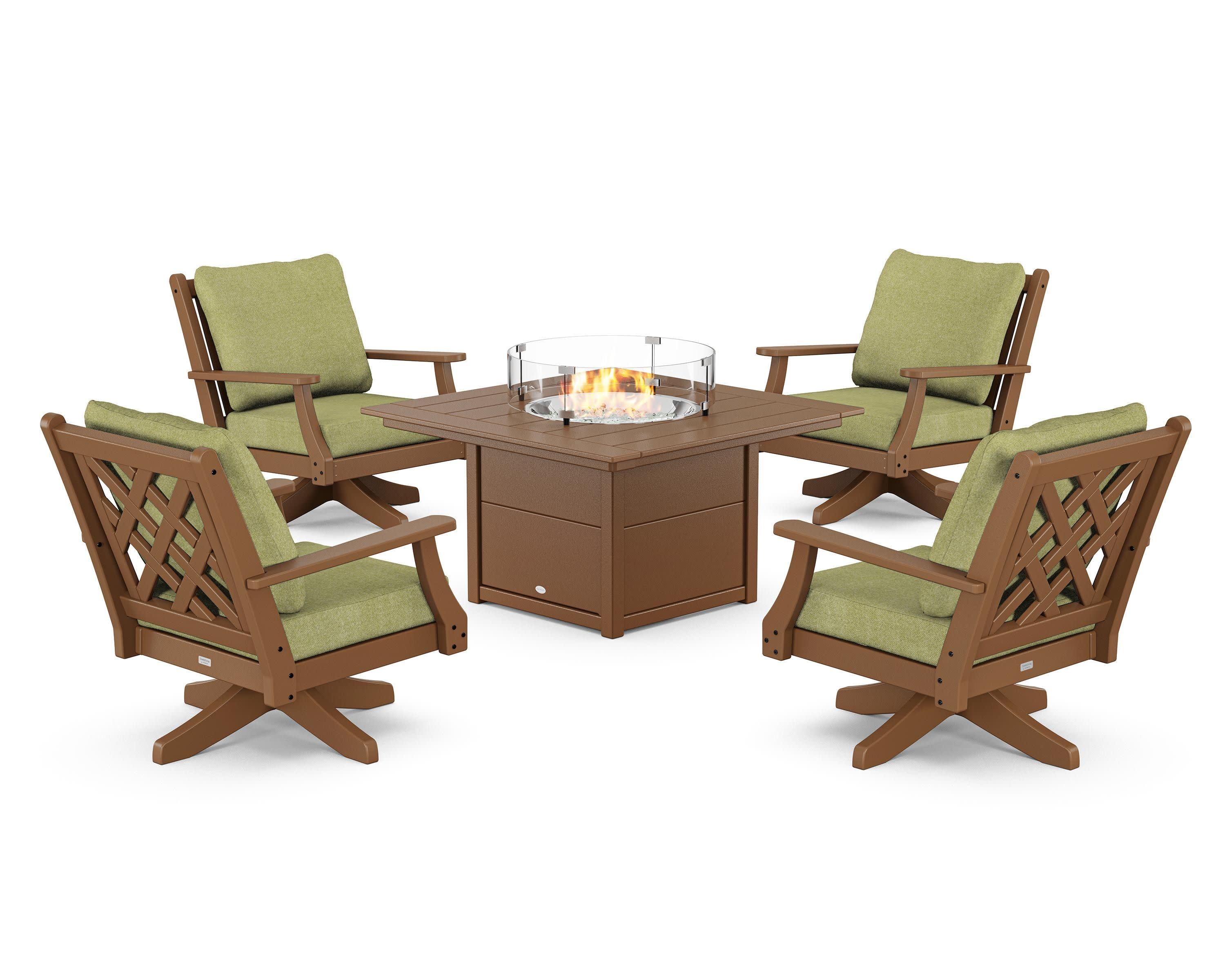 Wovendale 5-Piece Deep Seating Swivel Conversation Set with Fire Pit Table in Teak / Chartreuse Boucle