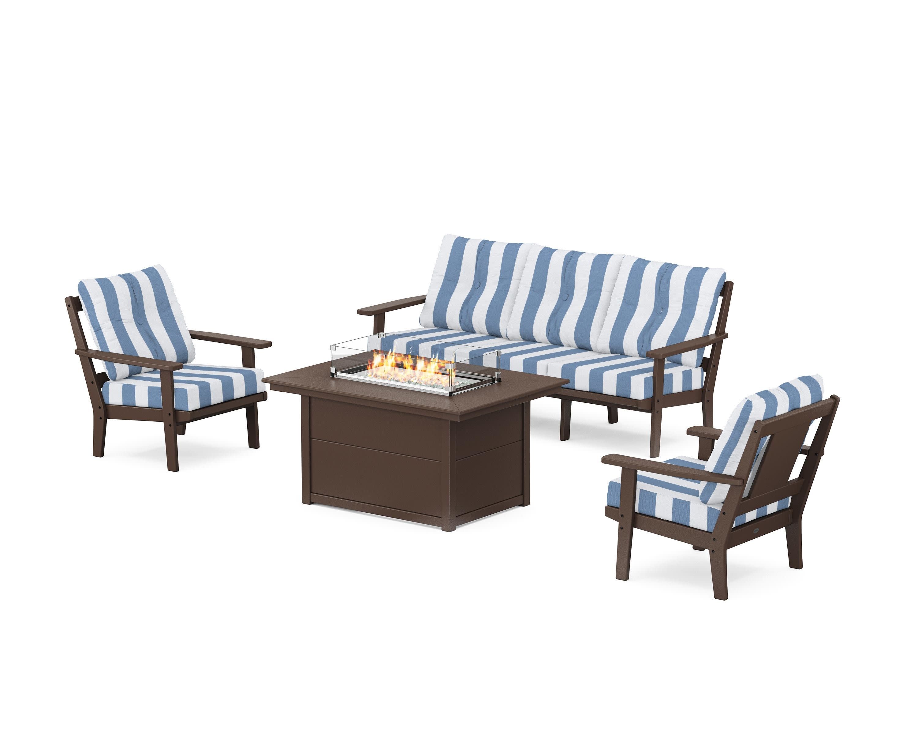 Prairie Deep Seating Fire Pit Table Set in Mahogany / Cabana Stripe Sky Blue