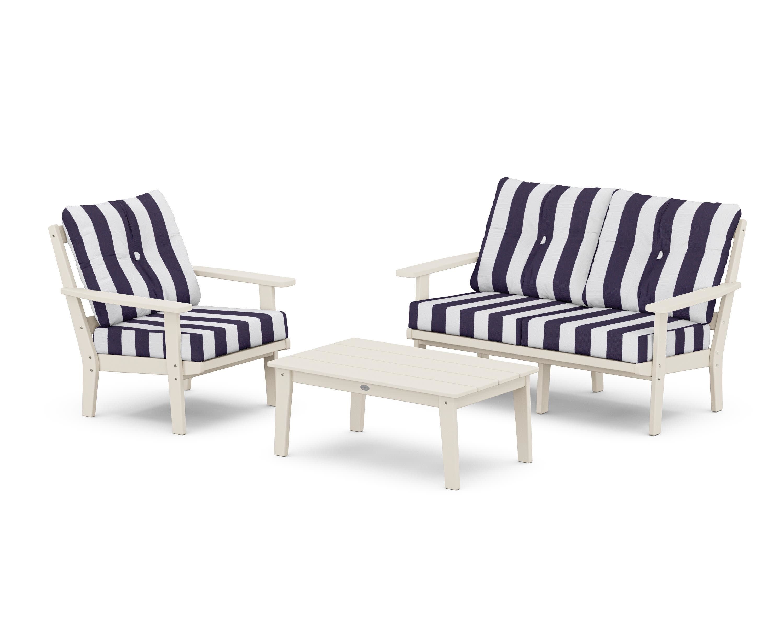 Prairie 3-Piece Deep Seating Set with Loveseat in Sand / Cabana Stripe Navy