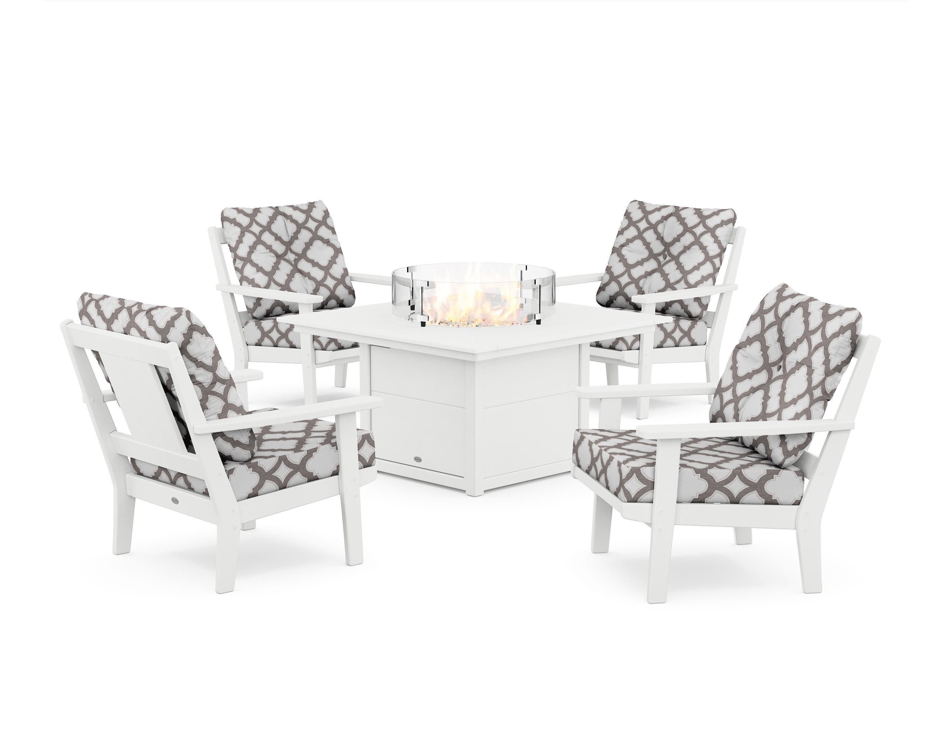 Prairie 5-Piece Deep Seating Set with Fire Pit Table in White / Trellis Grey Mist
