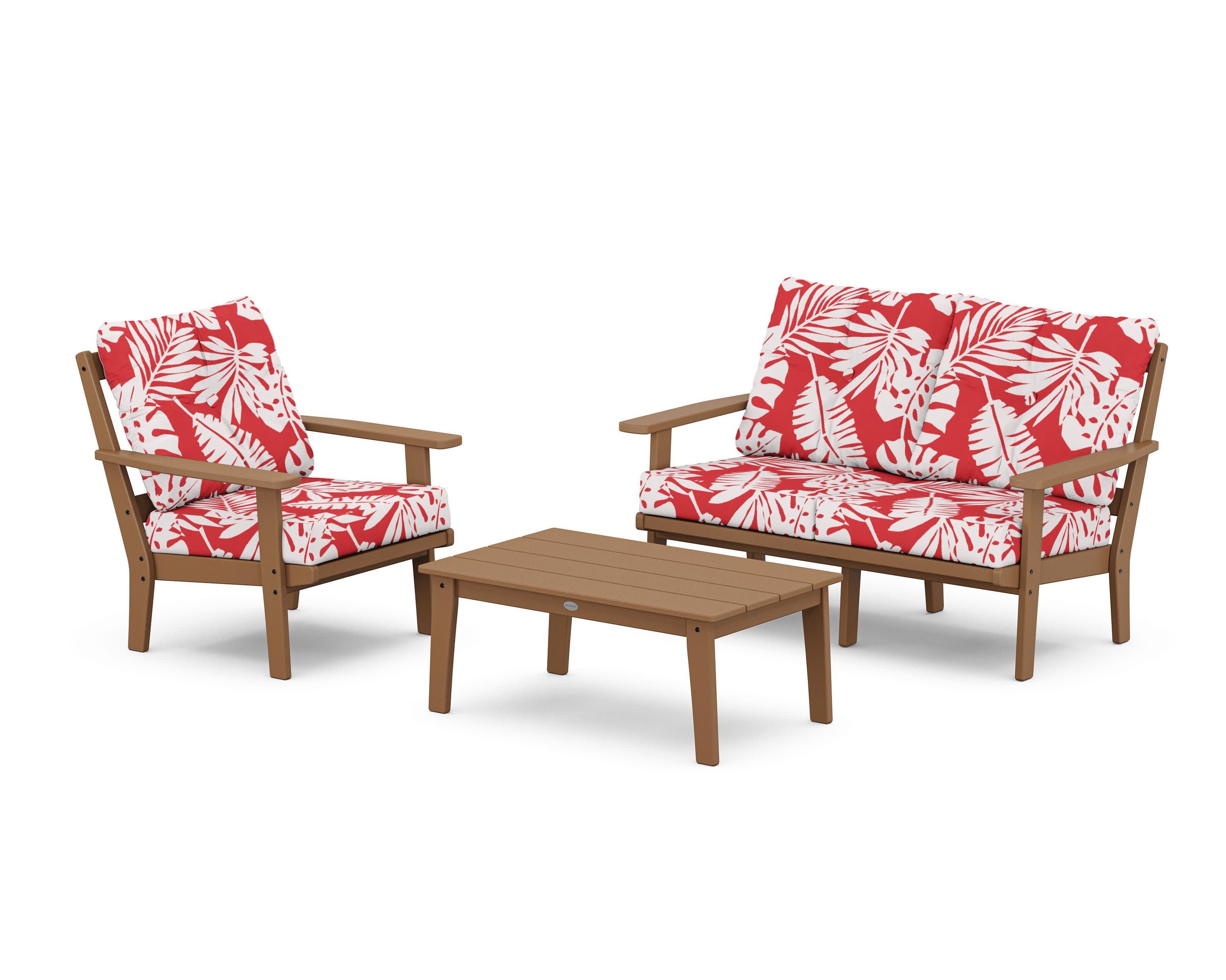 Prairie 3-Piece Deep Seating Set with Loveseat in Teak / Leaf Crimson