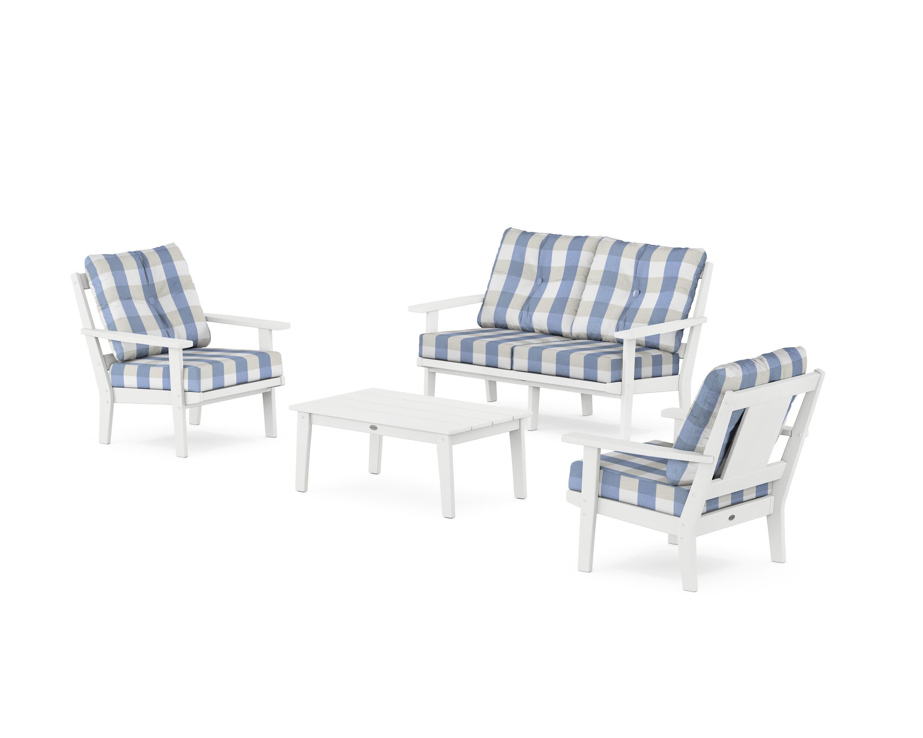 Prairie 4-Piece Deep Seating Set with Loveseat in White / Buffalo Plaid Sky Blue