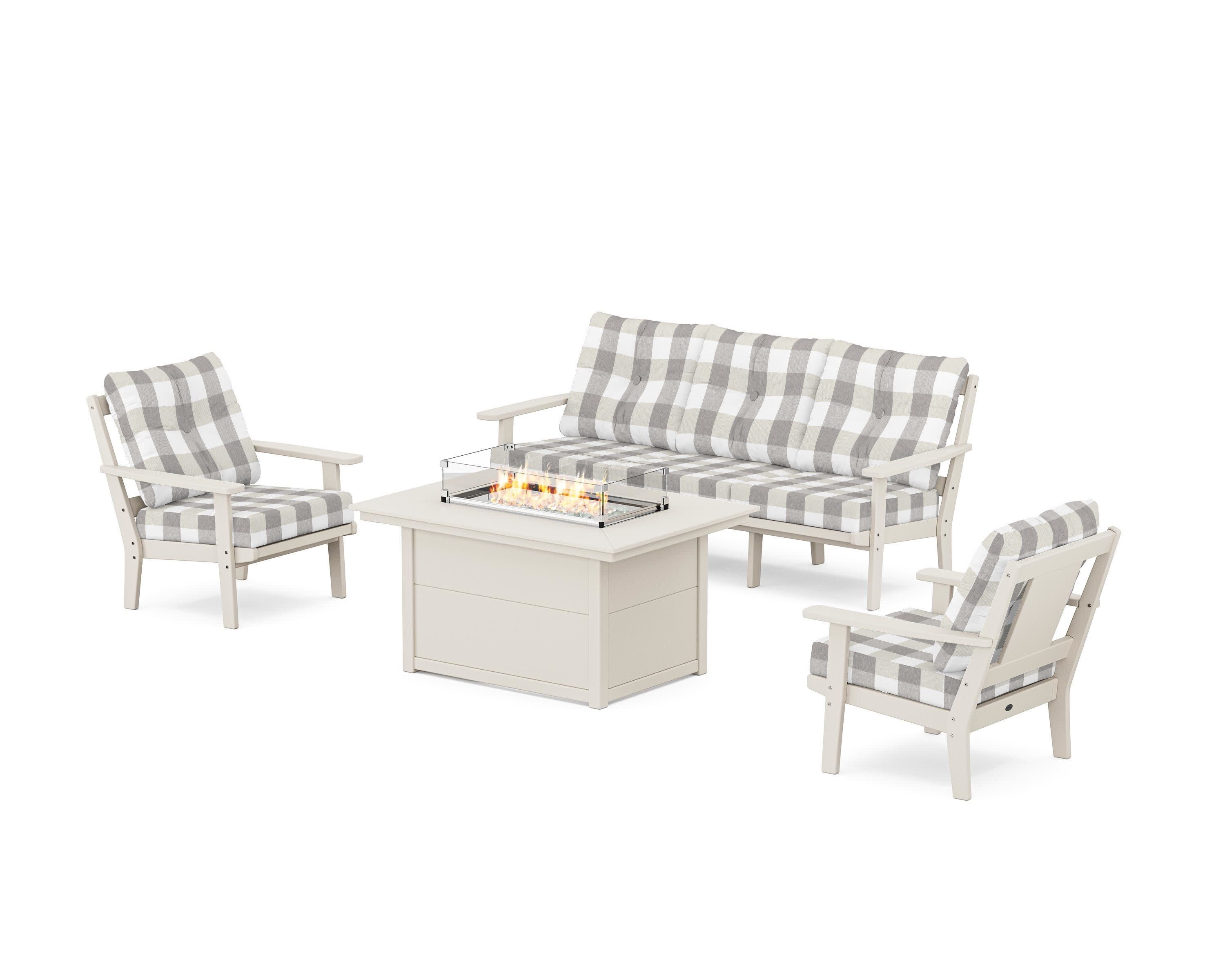 Prairie Deep Seating Fire Pit Table Set in Sand / Buffalo Plaid Grey Mist