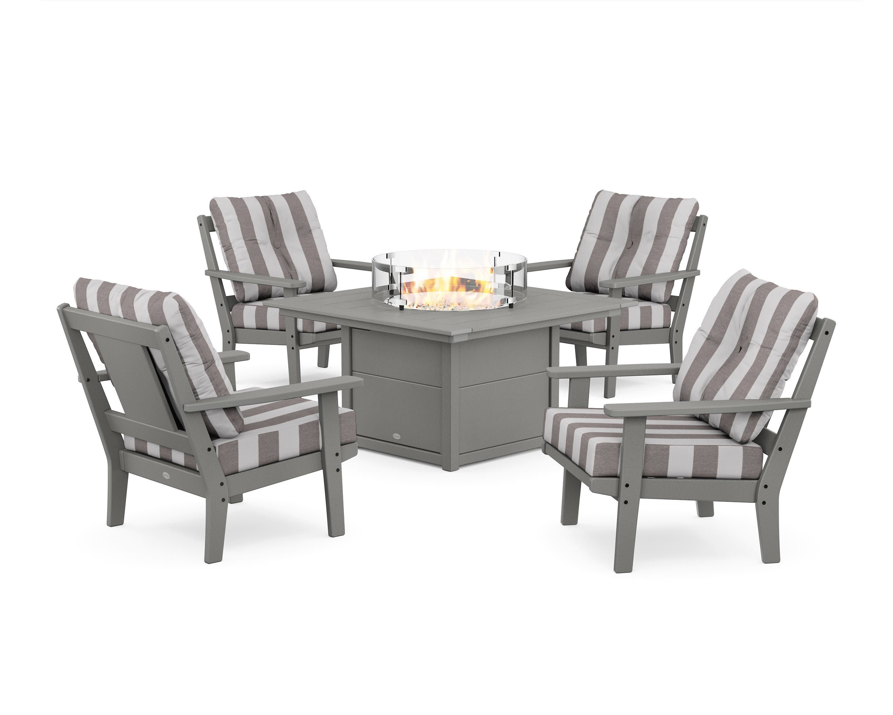 Prairie 5-Piece Deep Seating Set with Fire Pit Table in Slate Grey / Cabana Stripe Grey Mist