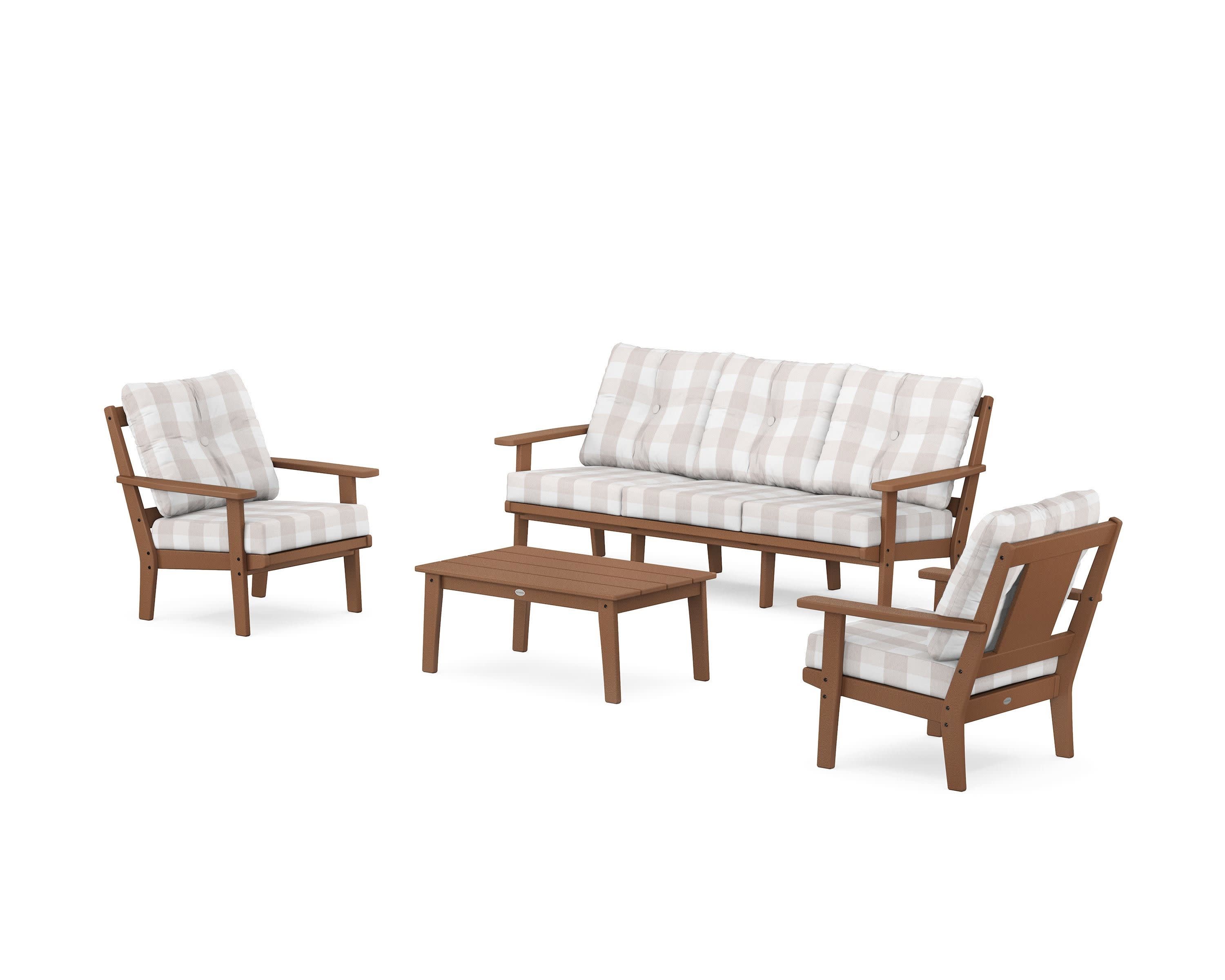 Prairie 4-Piece Deep Seating Set with Sofa in Teak / Buffalo Plaid Dune Burlap