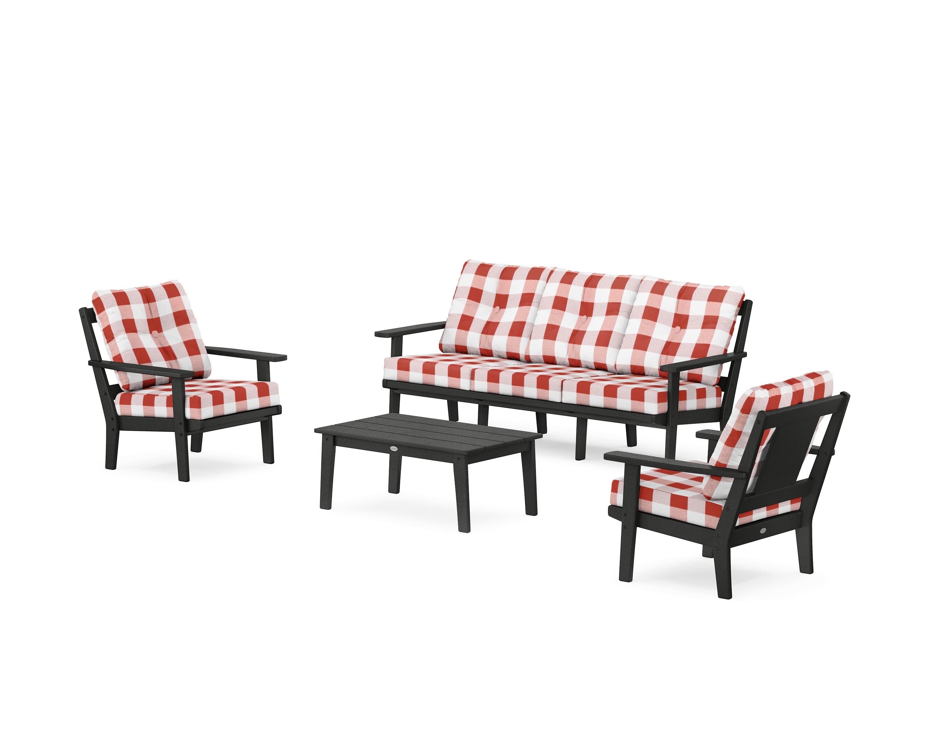 Prairie 4-Piece Deep Seating Set with Sofa in Black / Buffalo Plaid Crimson