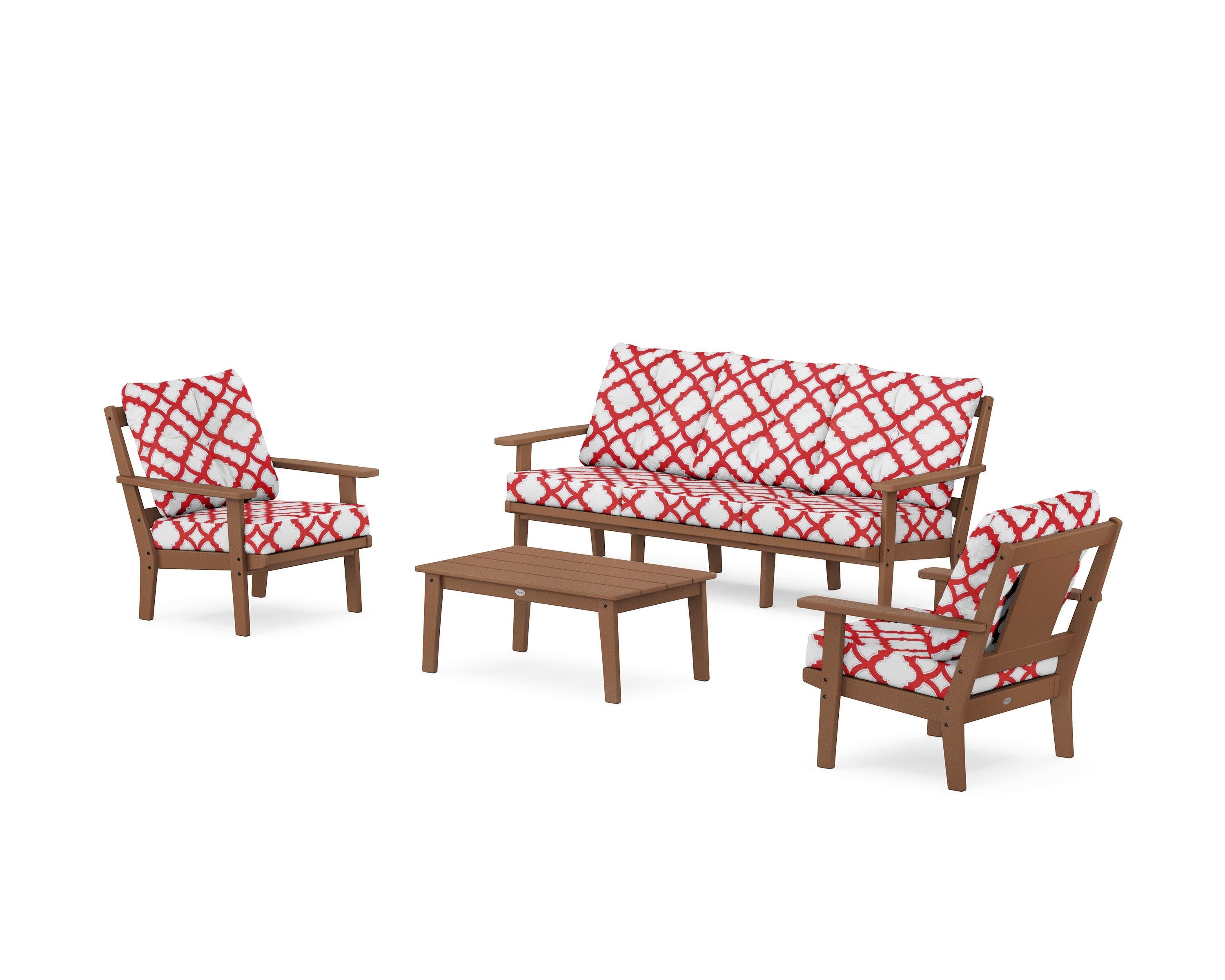 Prairie 4-Piece Deep Seating Set with Sofa in Teak / Trellis Crimson
