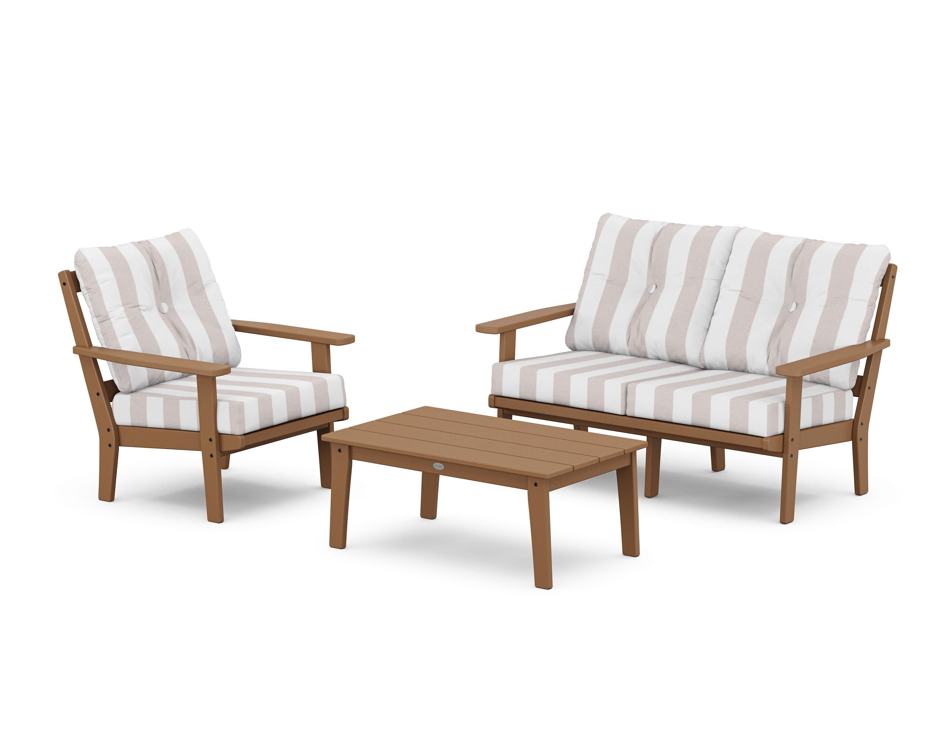 Prairie 3-Piece Deep Seating Set with Loveseat in Teak / Cabana Stripe Dune Burlap