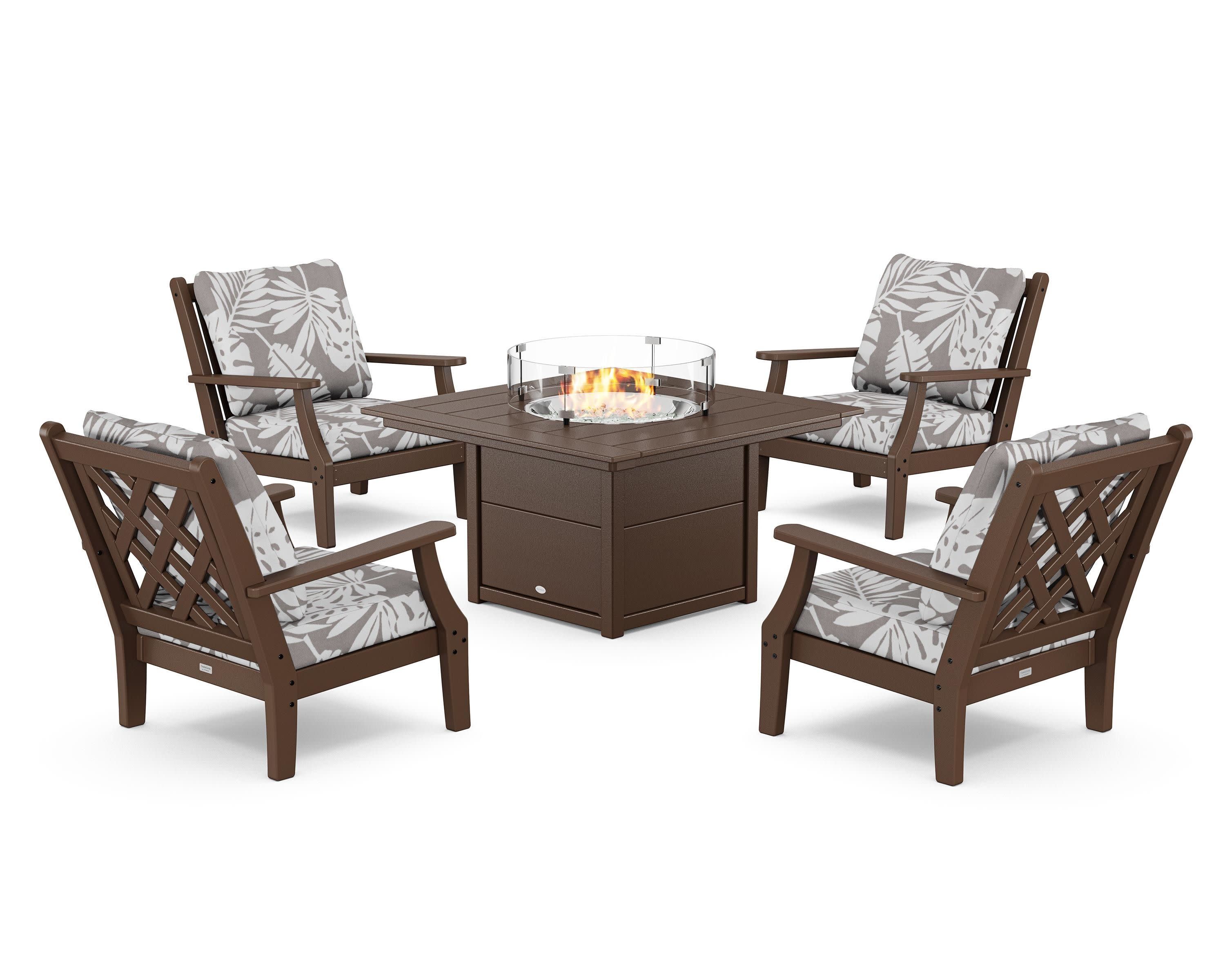 Wovendale 5-Piece Deep Seating Set with Fire Pit Table in Mahogany / Leaf Grey Mist