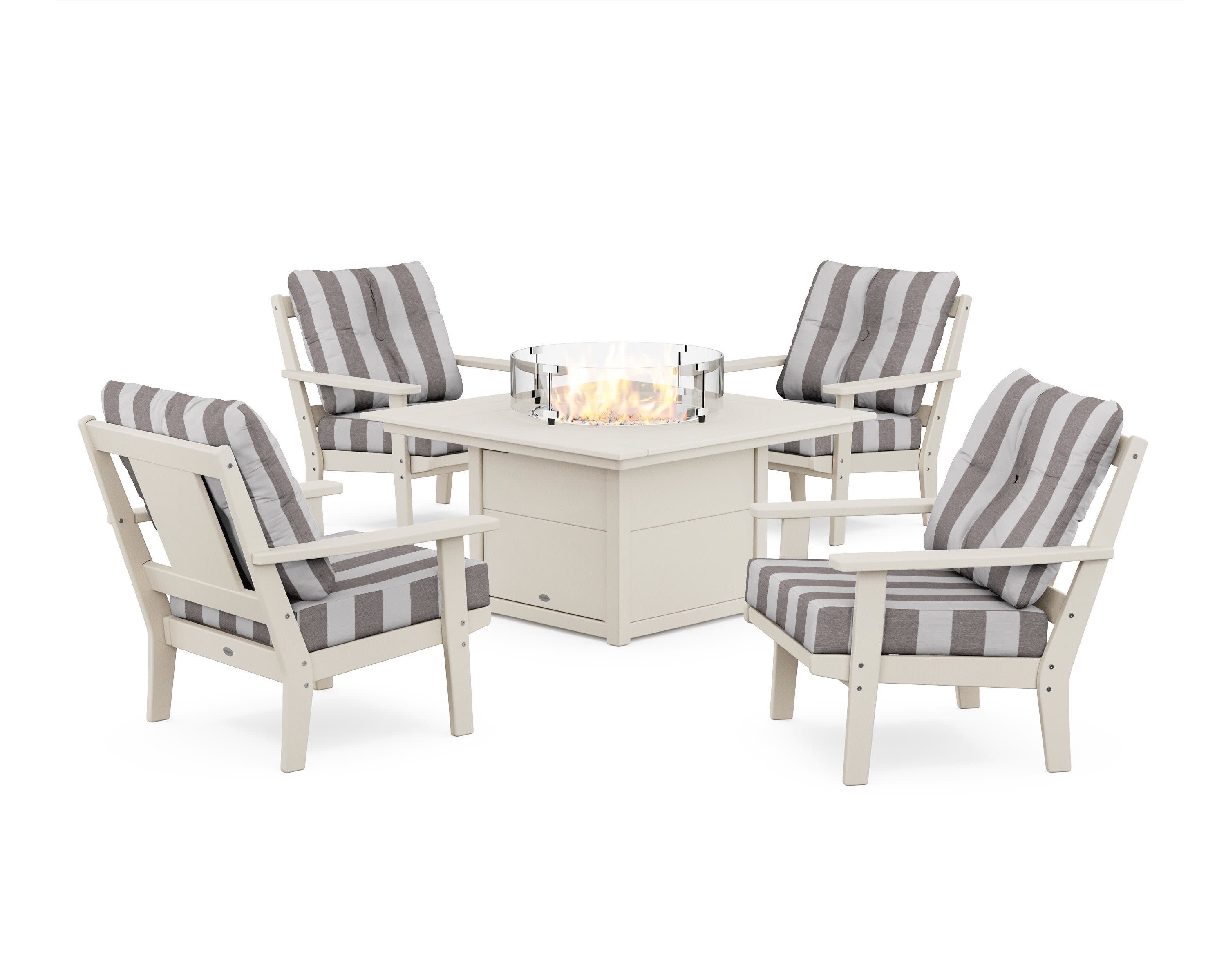 Prairie 5-Piece Deep Seating Set with Fire Pit Table in Sand / Cabana Stripe Grey Mist