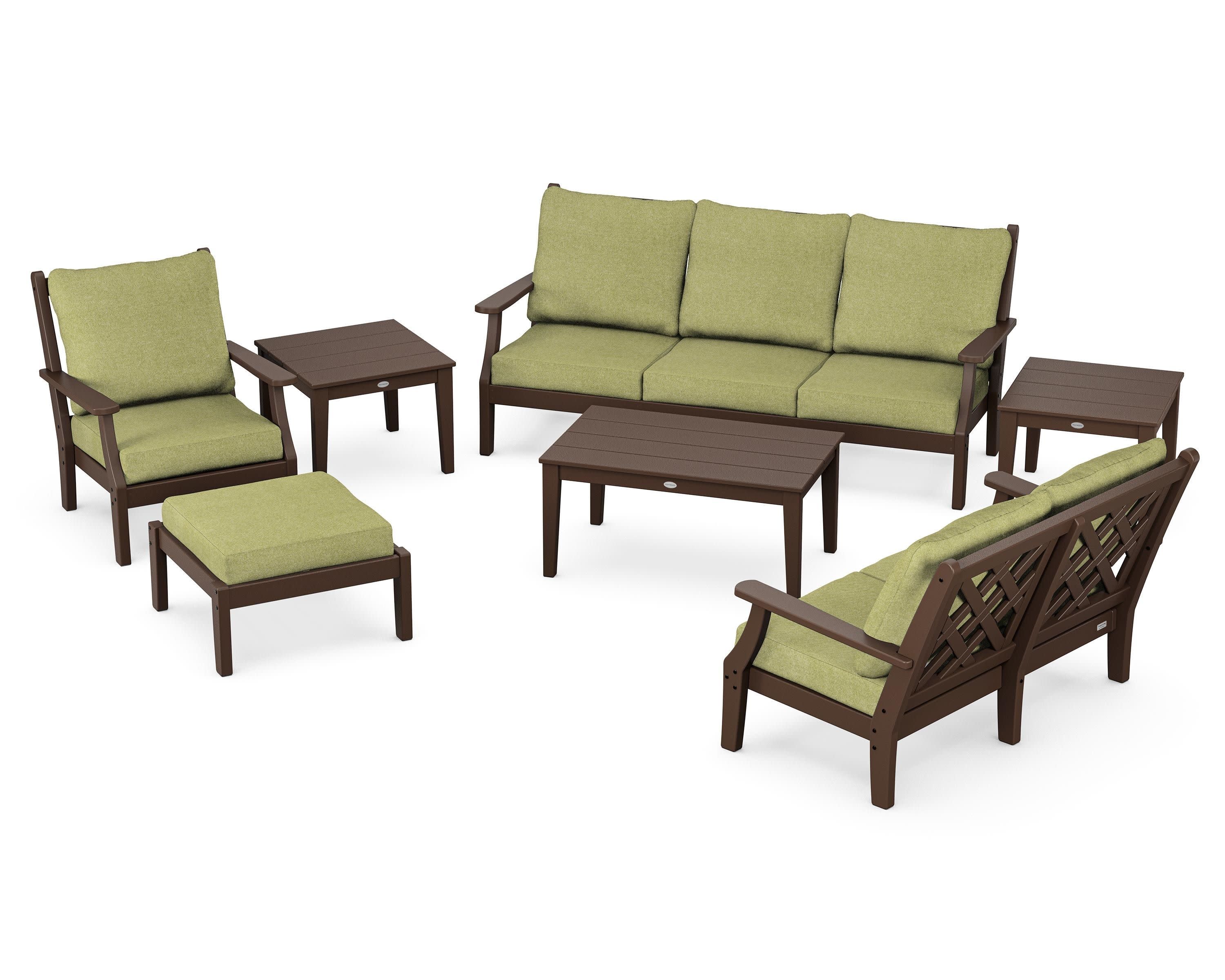Wovendale 7-Piece Deep Seating Set in Mahogany / Chartreuse Boucle